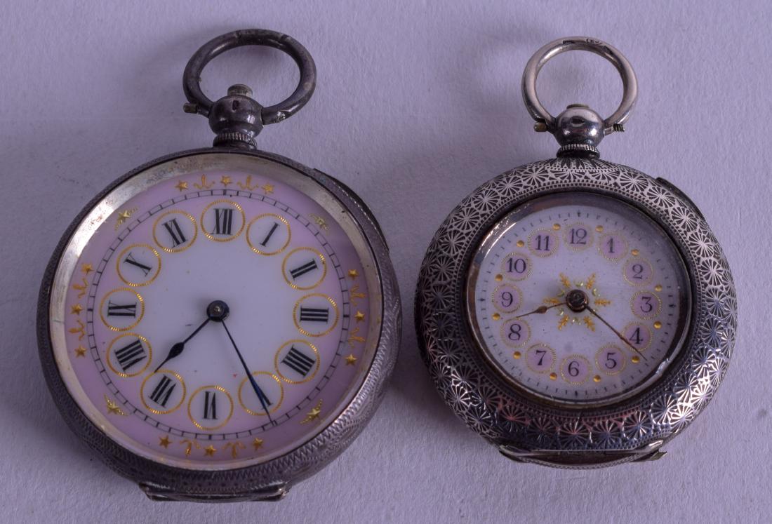 TWO SILVER AND PINK ENAMEL FOB WATCHES. 4 cm & 3.25 cm (1 of 6)