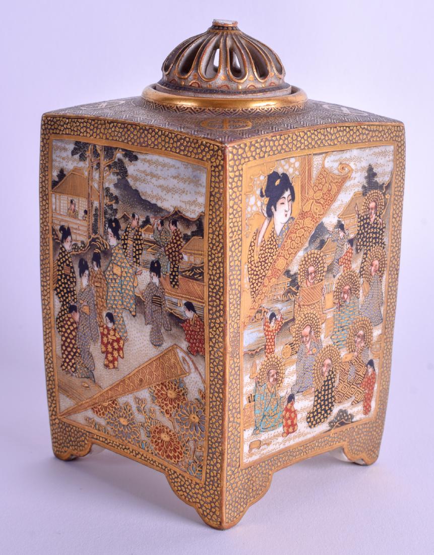AN UNUSUAL LATE 19TH CENTURY JAPANESE MEIJI PERIOD: AN UNUSUAL LATE 19TH CENTURY JAPANESE MEIJI PERIOD SATSUMA TEA CADDY painted with immortals within landscapes. 14.5 cm high.