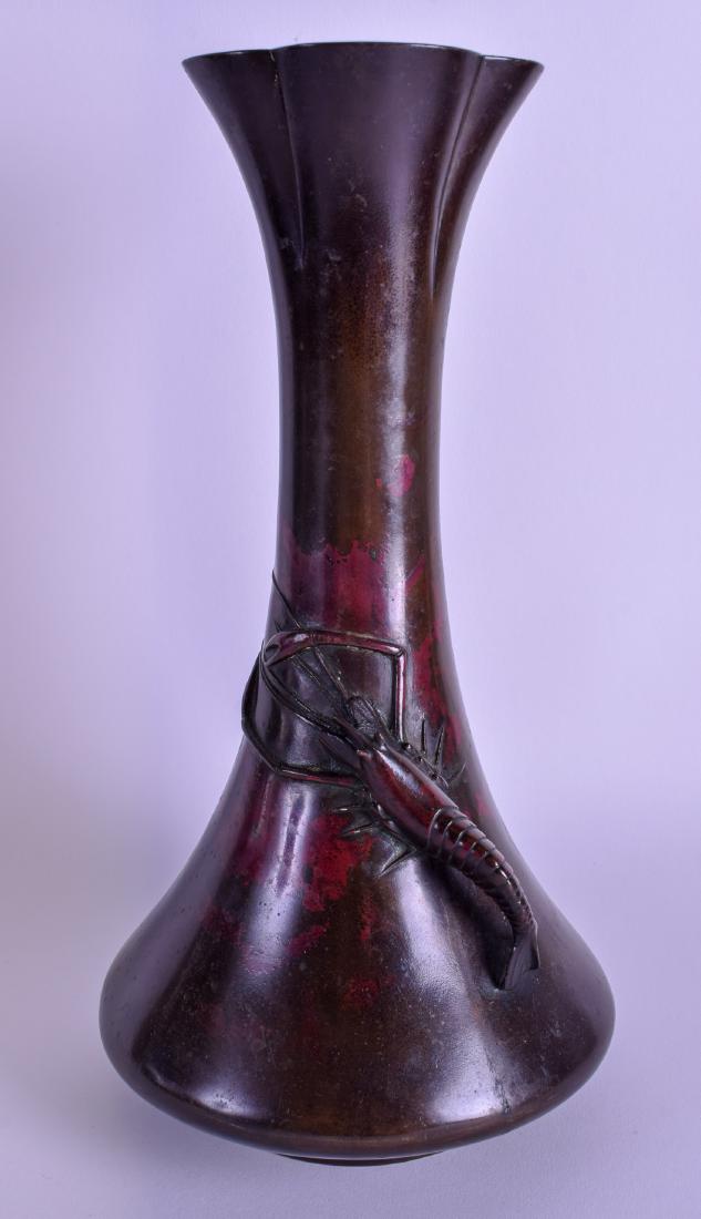 A CHARMING LATE 19TH CENTURY JAPANESE MEIJI PERIOD: A CHARMING LATE 19TH CENTURY JAPANESE MEIJI PERIOD BRONZE VASE overlaid with a roaming crayfish. 28 cm high.