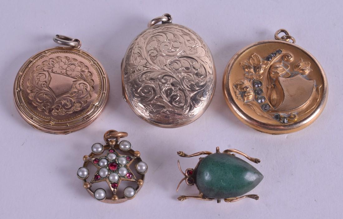 THREE YELLOW METAL LOCKETS & a bug brooch. (5): THREE YELLOW METAL LOCKETS & a bug brooch. (5)
