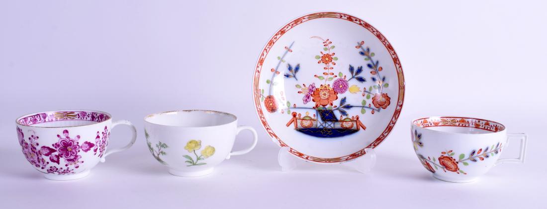 A MID 18TH CENTURY MEISSEN TEACUP painted with an: A MID 18TH CENTURY MEISSEN TEACUP painted with an Aesop's fable scene, together with a Punkt period teacup & another. (4)