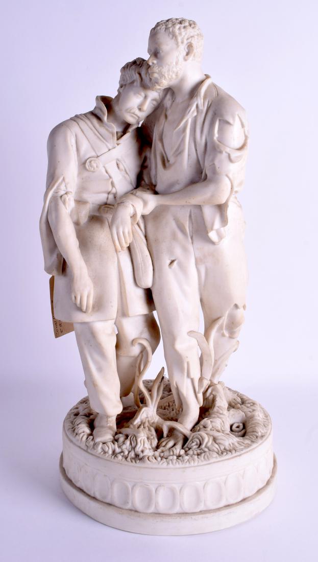 A VERY RARE 19TH CENTURY PARIAN WARE FIGURE OF THE: A VERY RARE 19TH CENTURY PARIAN WARE FIGURE OF THE WOUNDED SCOUT by John Rogers. 46 cm x 22 cm.