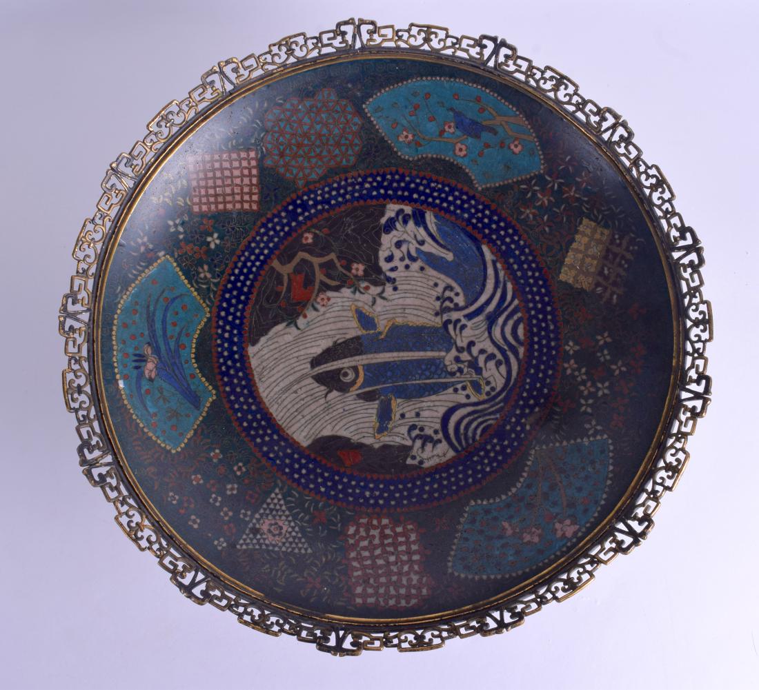 A LARGE 19TH CENTURY JAPANESE MEIJI PERIOD CLOISONNE: A LARGE 19TH CENTURY JAPANESE MEIJI PERIOD CLOISONNE DISH with French gilt bronze mounts. 37 cm x 15 cm.