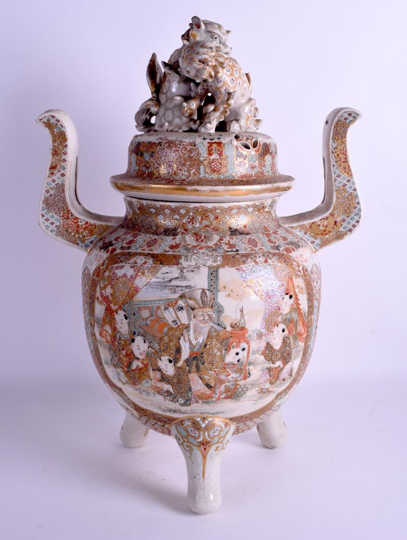 A VERY LARGE 19TH CENTURY JAPANESE MEIJI PERIOD SATSUMA: A VERY LARGE 19TH CENTURY JAPANESE MEIJI PERIOD SATSUMA KORO AND COVER painted with figures within interiors. 47 cm x 31 cm.