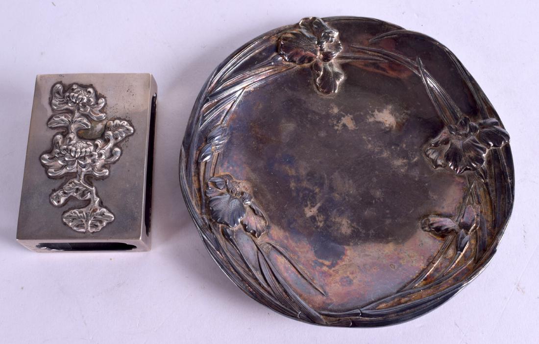 A JAPANESE MEIJI PERIOD SAMURAI SHOKAI SILVER DISH: A JAPANESE MEIJI PERIOD SAMURAI SHOKAI SILVER DISH together with a Chinese export silver matchbox holder. 87 grams. (2)