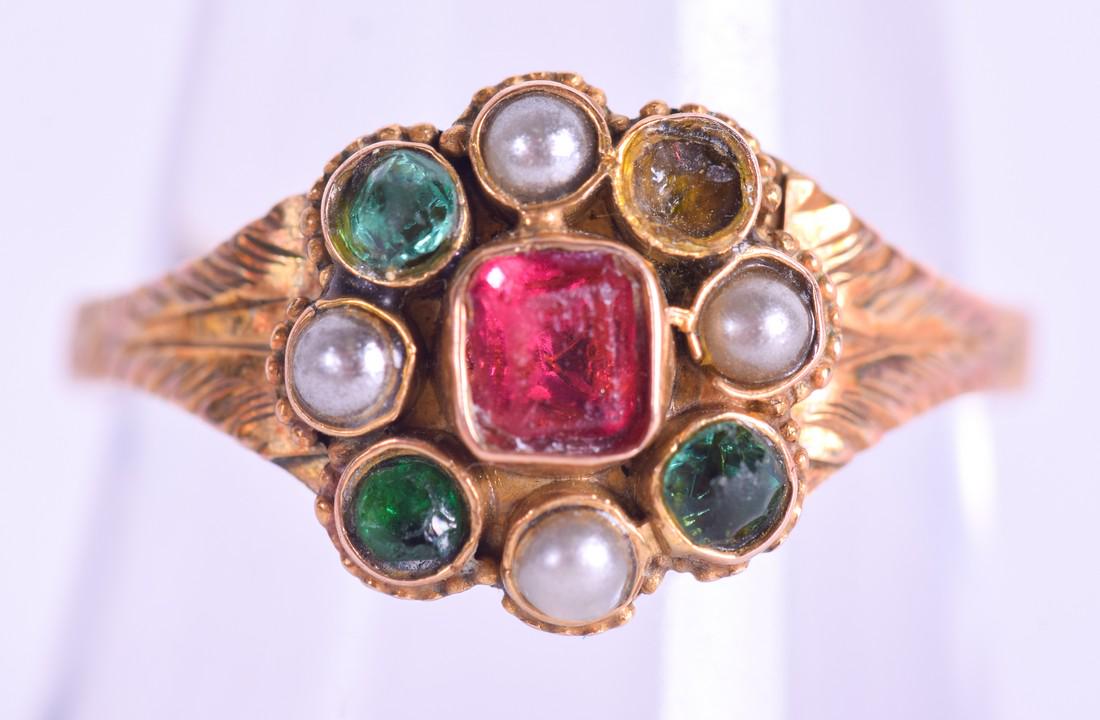 A 15CT RUBY EMERALD AND PEARL RING. Size Q. (1 of 3)