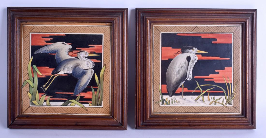 A PAIR OF 19TH CENTURY AESTHETIC MOVEMENT POTTERY TILES: A PAIR OF 19TH CENTURY AESTHETIC MOVEMENT POTTERY TILES in the manner of John Bennett. Tile 15 cm square.