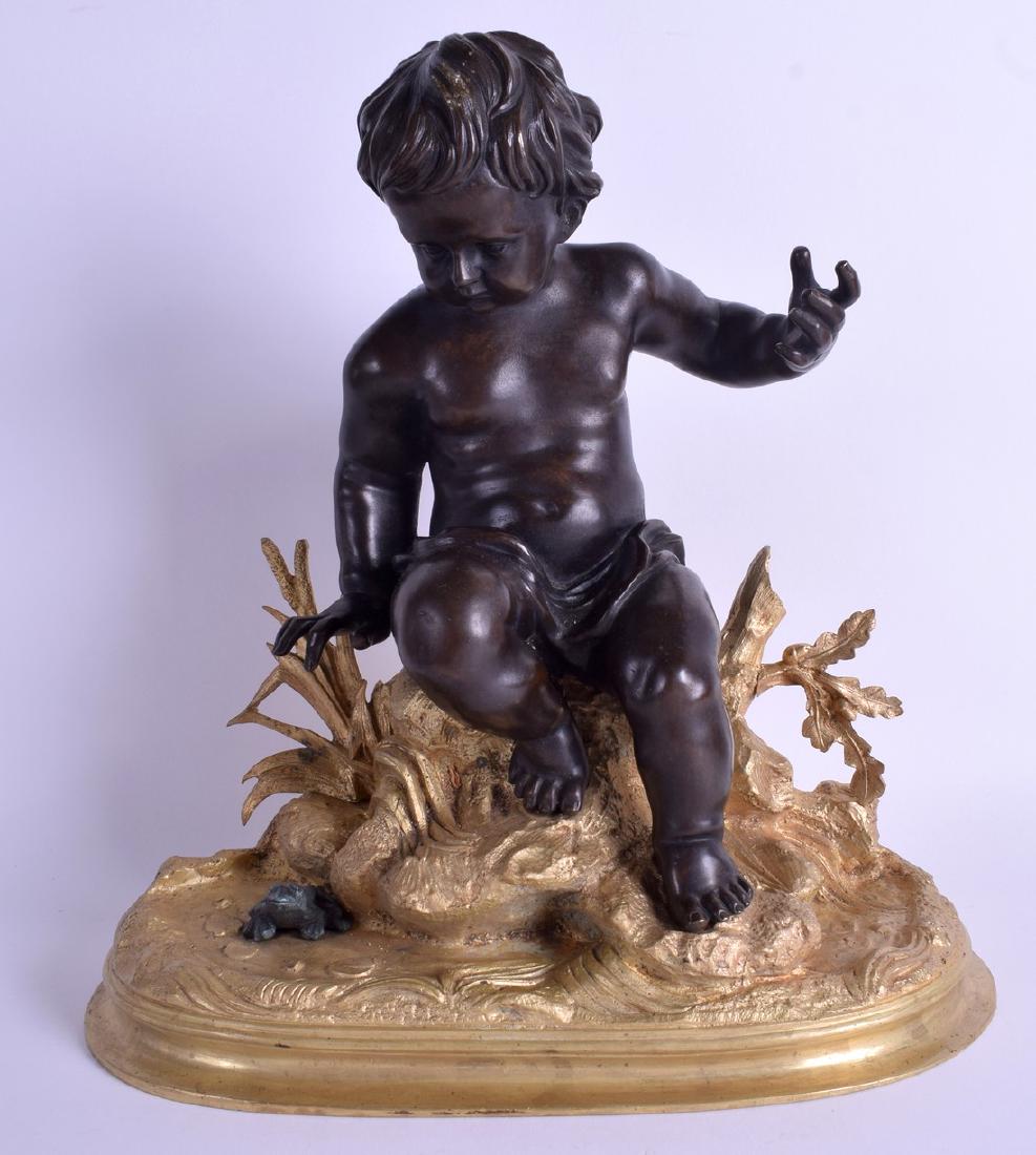 A GOOD EARLY CONTINENTAL BRONZE FIGURE OF A PUTTI: A GOOD EARLY CONTINENTAL BRONZE FIGURE OF A PUTTI Attributed to Francois Duquesnoy (Brussels 1597-1643), Rome, modelled upon an gilded base. 30 cm x 32 cm.