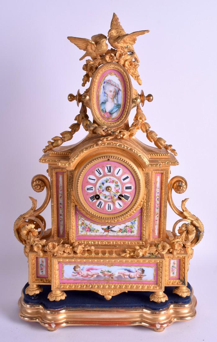 A 19TH CENTURY FRENCH ORMOLU AND SEVRES PORCELAIN: A 19TH CENTURY FRENCH ORMOLU AND SEVRES PORCELAIN MANTEL CLOCK painted with putti and flowers. Clock 46 cm x 25 cm.