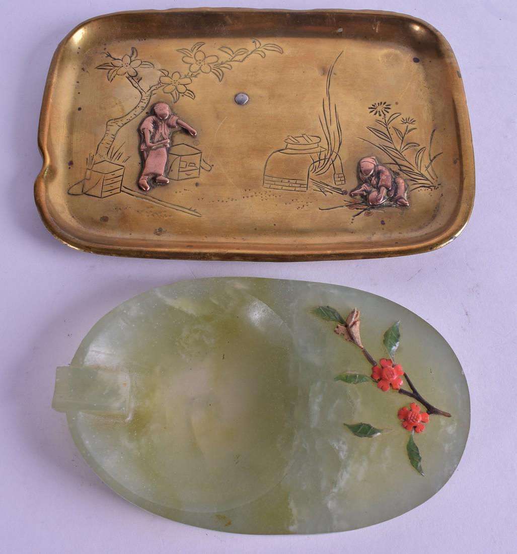 A 19TH CENTURY JAPANESE MEIJI PERIOD COPPER ONLAID DISH: A 19TH CENTURY JAPANESE MEIJI PERIOD COPPER ONLAID DISH together with a Chinese hardstone overlaid coral dish. 15 cm & 12 cm wide. (2)