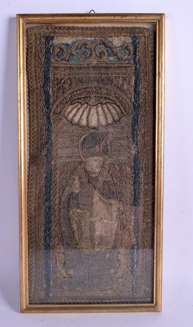 A 17TH CENTURY CONTINENTAL FRAMED EMBROIDERED PANEL OF (1 of 3)