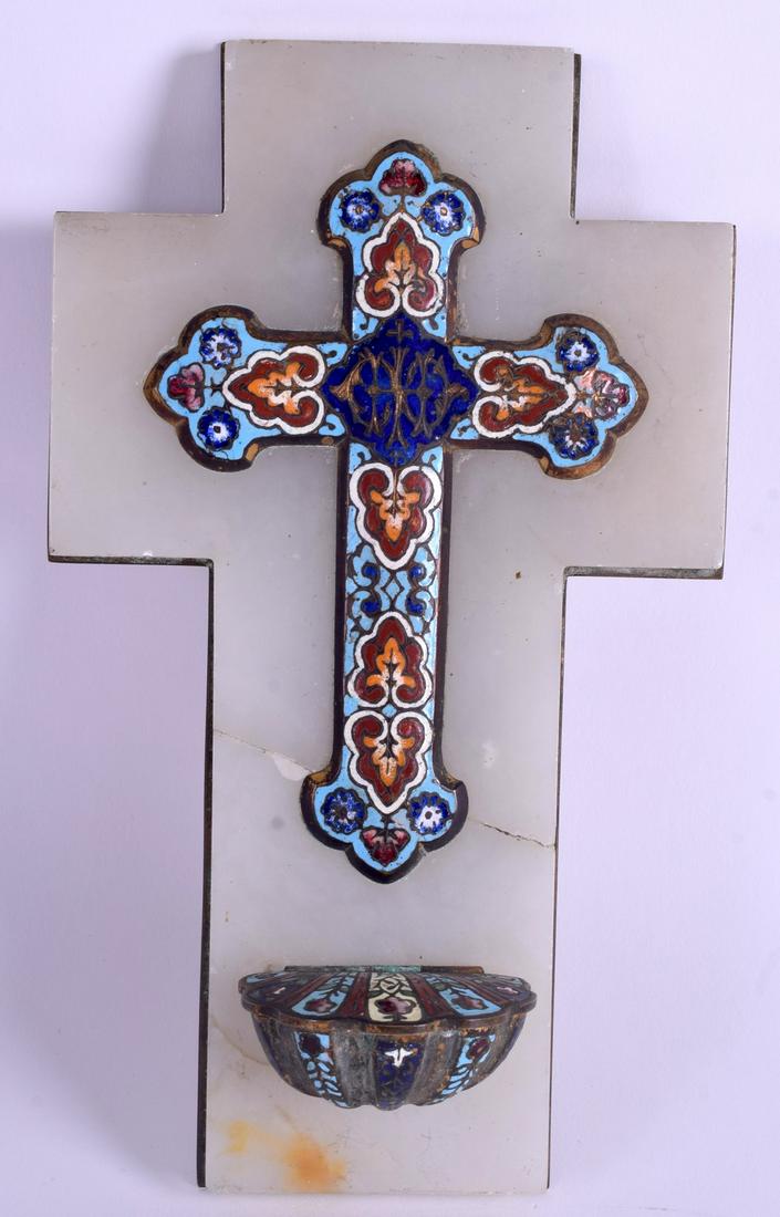 A 19TH CENTURY FRENCH CHAMPLEVE ENAMEL ONYX CROSS. 23: A 19TH CENTURY FRENCH CHAMPLEVE ENAMEL ONYX CROSS. 23 cm x 12 cm.
