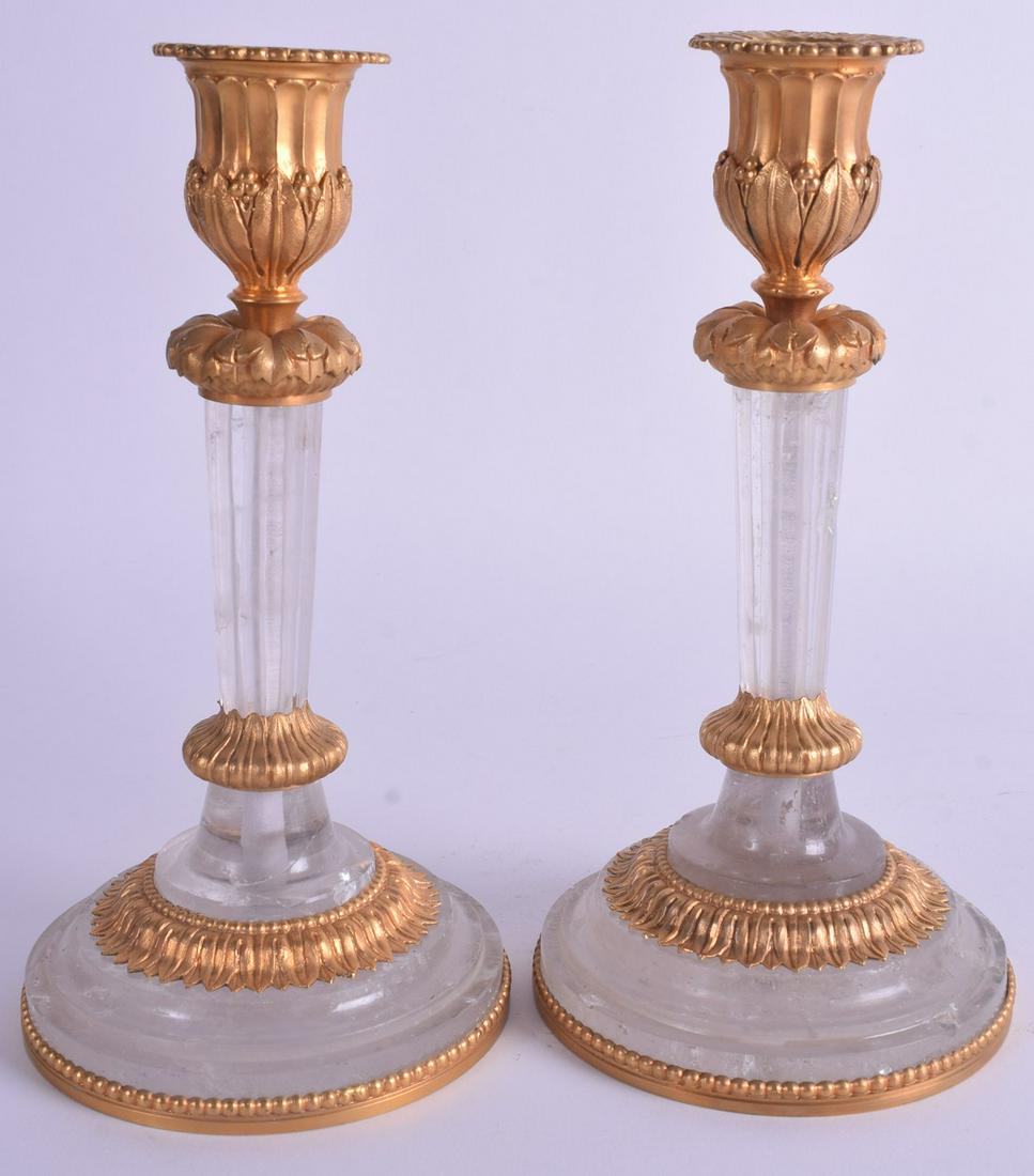 A PAIR OF ROCK CRYSTAL AND ORMOLU CANDLESTICKS. 20.5 cm (1 of 3)