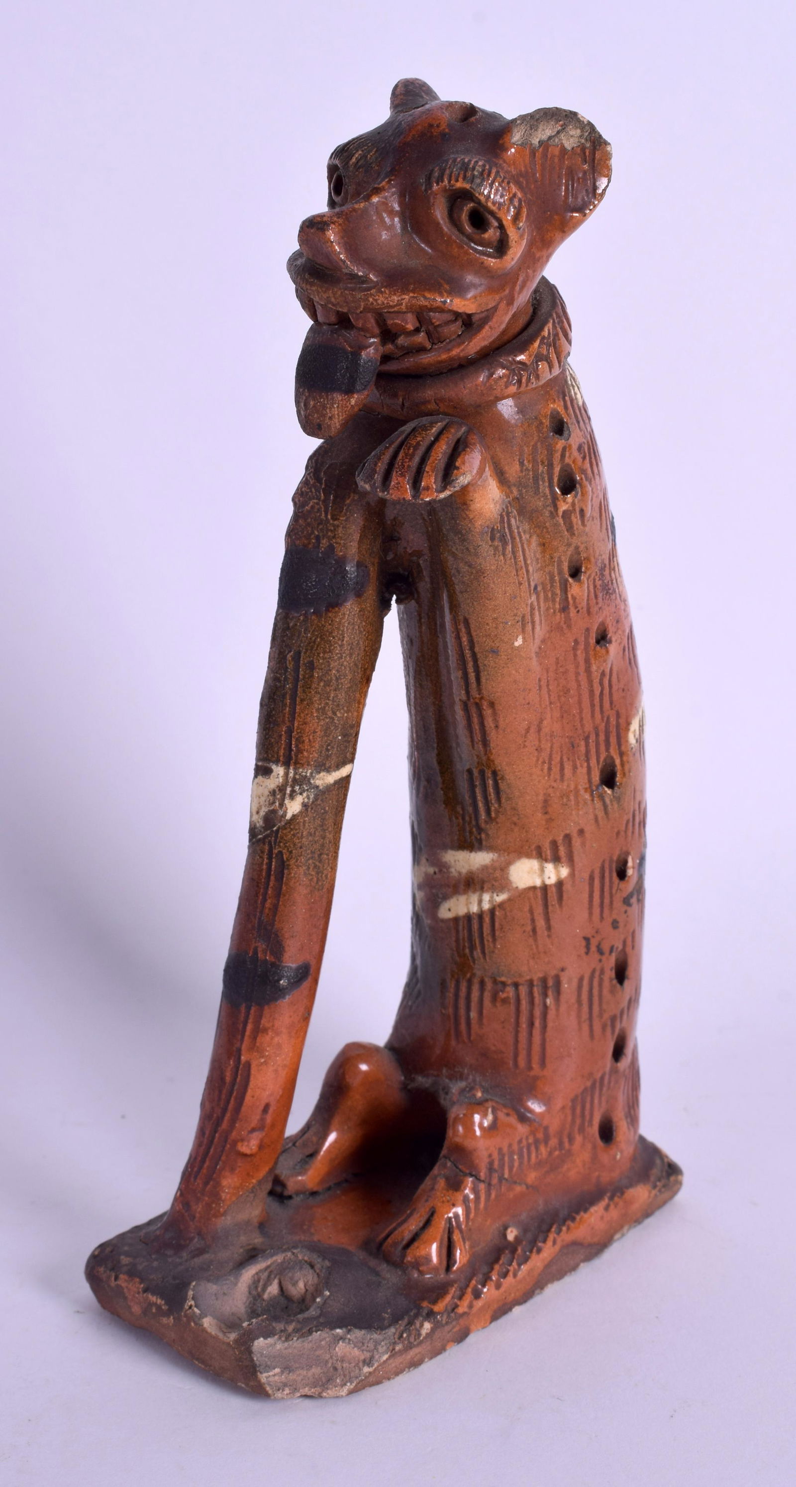 A RARE EARLY 19TH CENTURY REDWARE STONEWARE POTTERY: A RARE EARLY 19TH CENTURY REDWARE STONEWARE POTTERY BEAST possibly American, in the manner of John Bell. 17 cm x 7 cm.