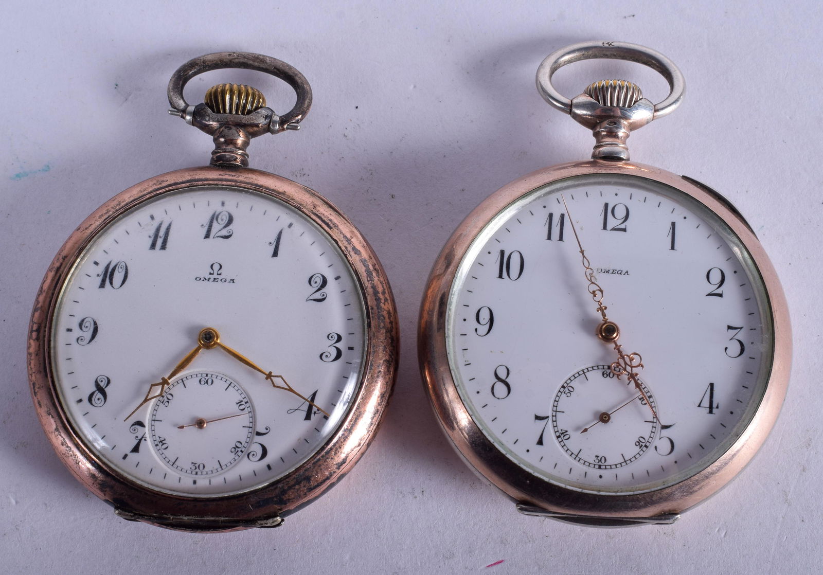TWO ANTIQUE OMEGA POCKET WATCHES. 4.75 cm diameter. (2) (1 of 3)