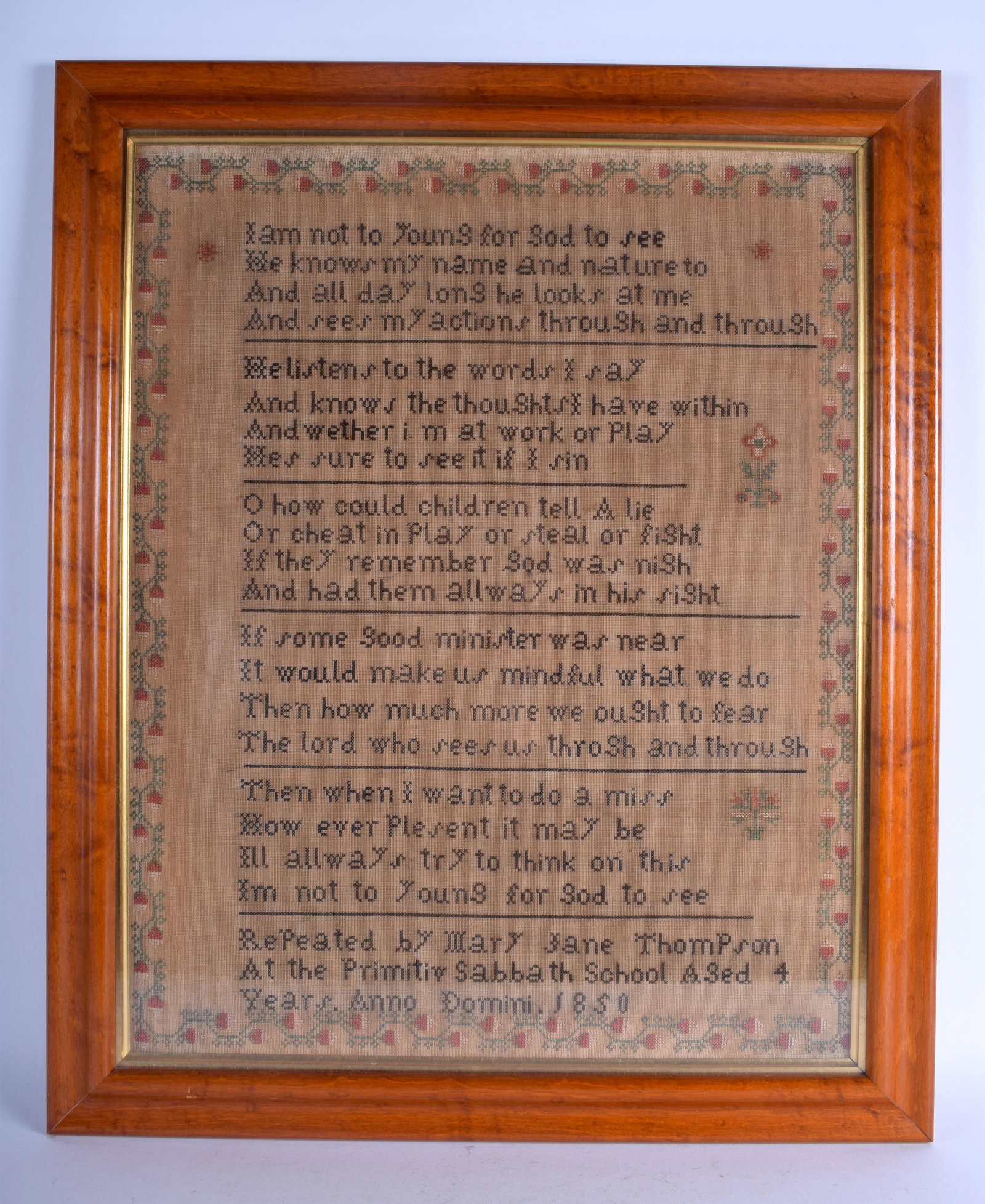 A MID 19TH CENTURY FRAMED EMBROIDERED SAMPLER by Mary: A MID 19TH CENTURY FRAMED EMBROIDERED SAMPLER by Mary Jane Thompson Aged 4 C1850. Image 55 cm x 40 cm.