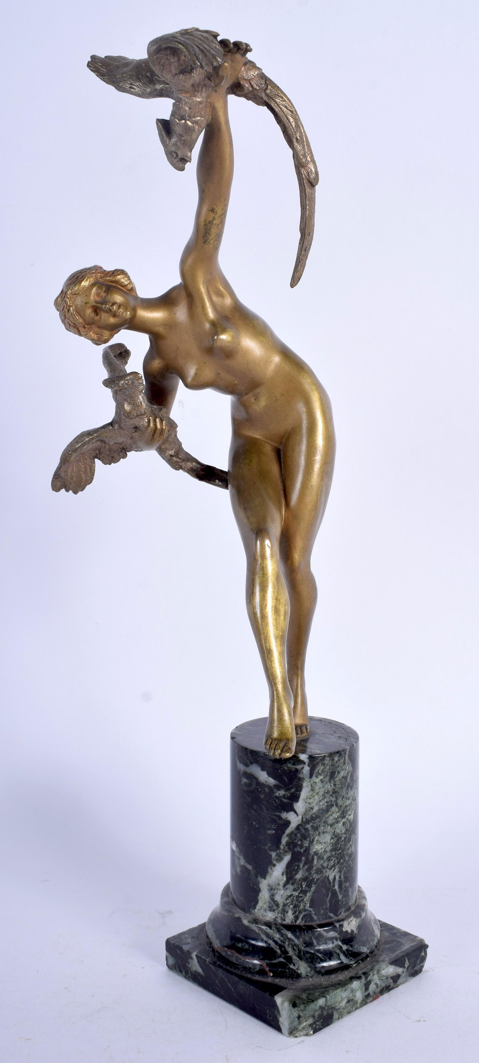 A FINE FRENCH ART DECO GILT BRONZE FIGURE OF A BIRD: A FINE FRENCH ART DECO GILT BRONZE FIGURE OF A BIRD CATCHER by Claire Colinet (1880-1950). 29 cm high.
