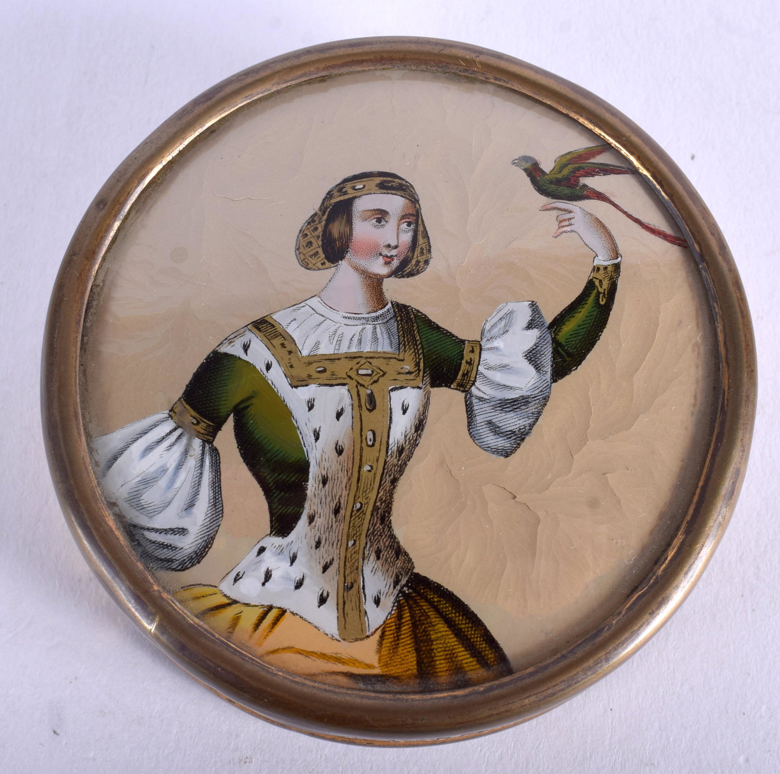 A 19TH CENTURY CONTINENTAL PAPER SNUFF BOX AND COVER: A 19TH CENTURY CONTINENTAL PAPER SNUFF BOX AND COVER reverse decorated with a female and bird. 7.5 cm wide.
