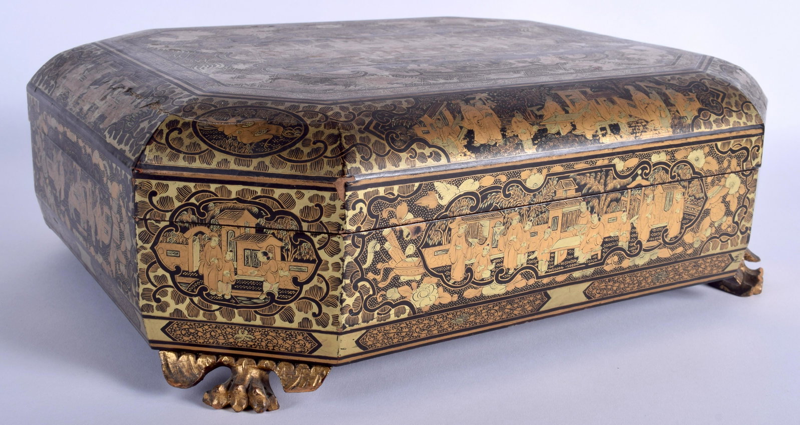 A GOOD LARGE 19TH CENTURY CHINESE EXPORT BLACK LACQUER: A GOOD LARGE 19TH CENTURY CHINESE EXPORT BLACK LACQUER GAMING CASKET Qing, decorated with figures within landscapes. 39 cm x 30 cm.