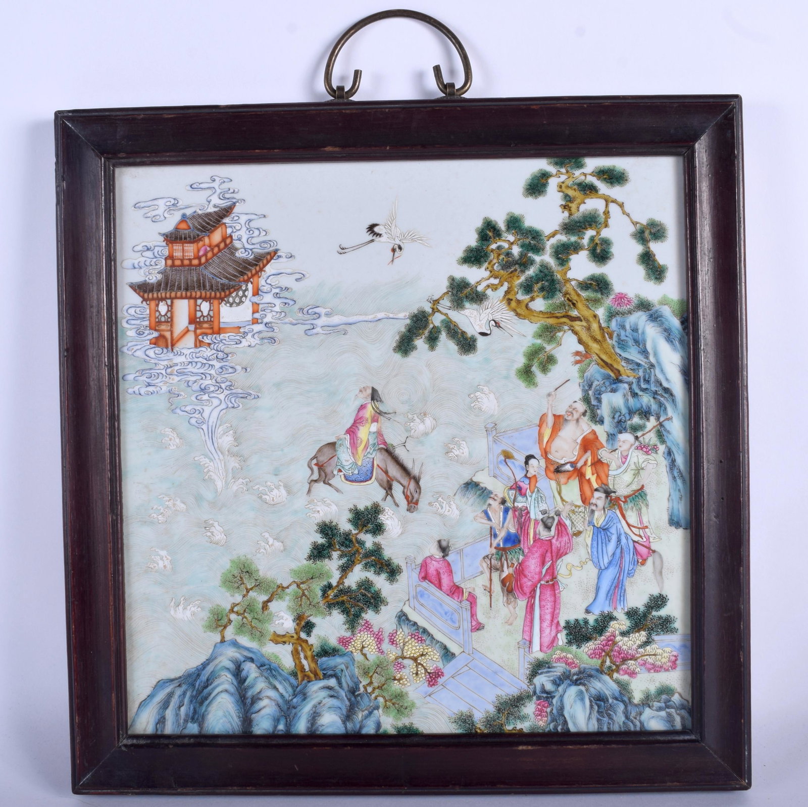 A LARGE EARLY 19TH CENTURY CHINESE FAMILLE ROSE TILE: A LARGE EARLY 19TH CENTURY CHINESE FAMILLE ROSE TILE Qing, painted with immortals. Tile 31 cm square.