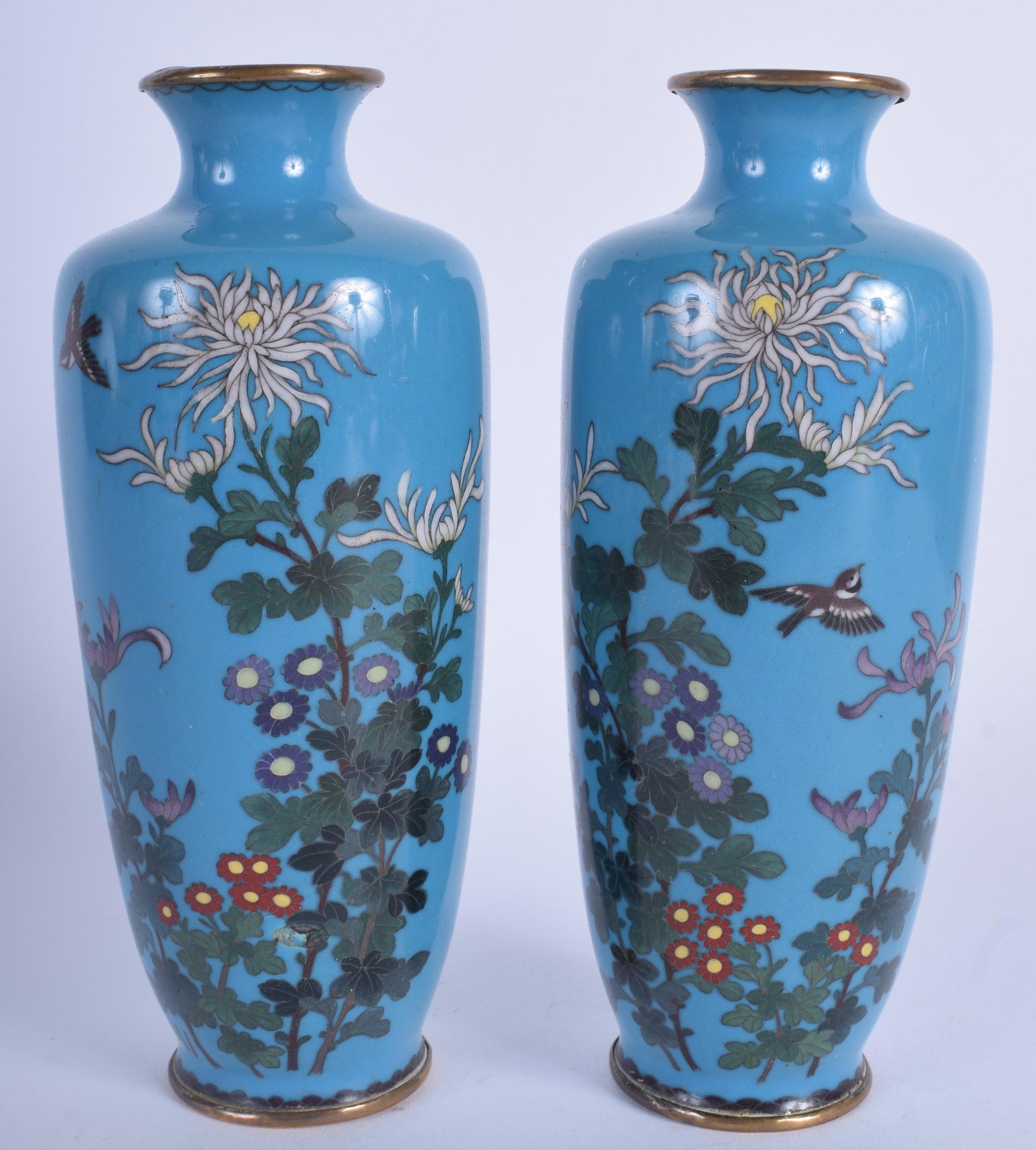 A PAIR OF EARLY 20TH CENTURY JAPANESE MEIJI PERIOD: A PAIR OF EARLY 20TH CENTURY JAPANESE MEIJI PERIOD CLOISONNE ENAMEL VASES decorated with birds. 15.5 cm high.