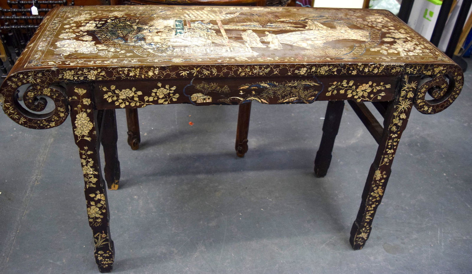 AN EARLY 20TH CENTURY CHINESE HARDWOOD ALTAR TABLE with: AN EARLY 20TH CENTURY CHINESE HARDWOOD ALTAR TABLE with polychromed decoration, depicting scholars. 83 cm x 127 cm.