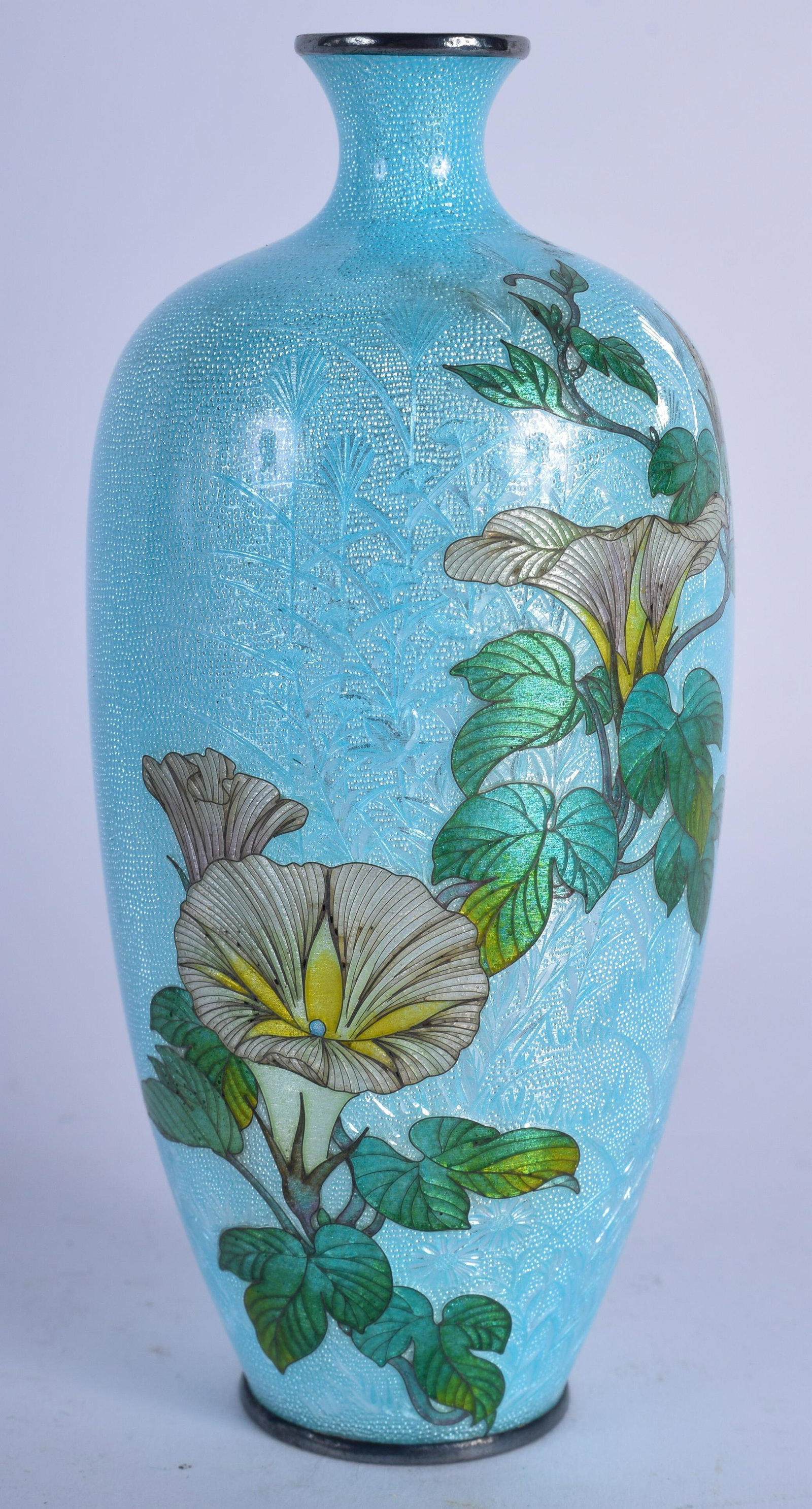 AN EARLY 20TH CENTURY JAPANESE MEIJI PERIOD CLOISONNE: AN EARLY 20TH CENTURY JAPANESE MEIJI PERIOD CLOISONNE ENAMEL VASE with silver mounts. 12 cm high.