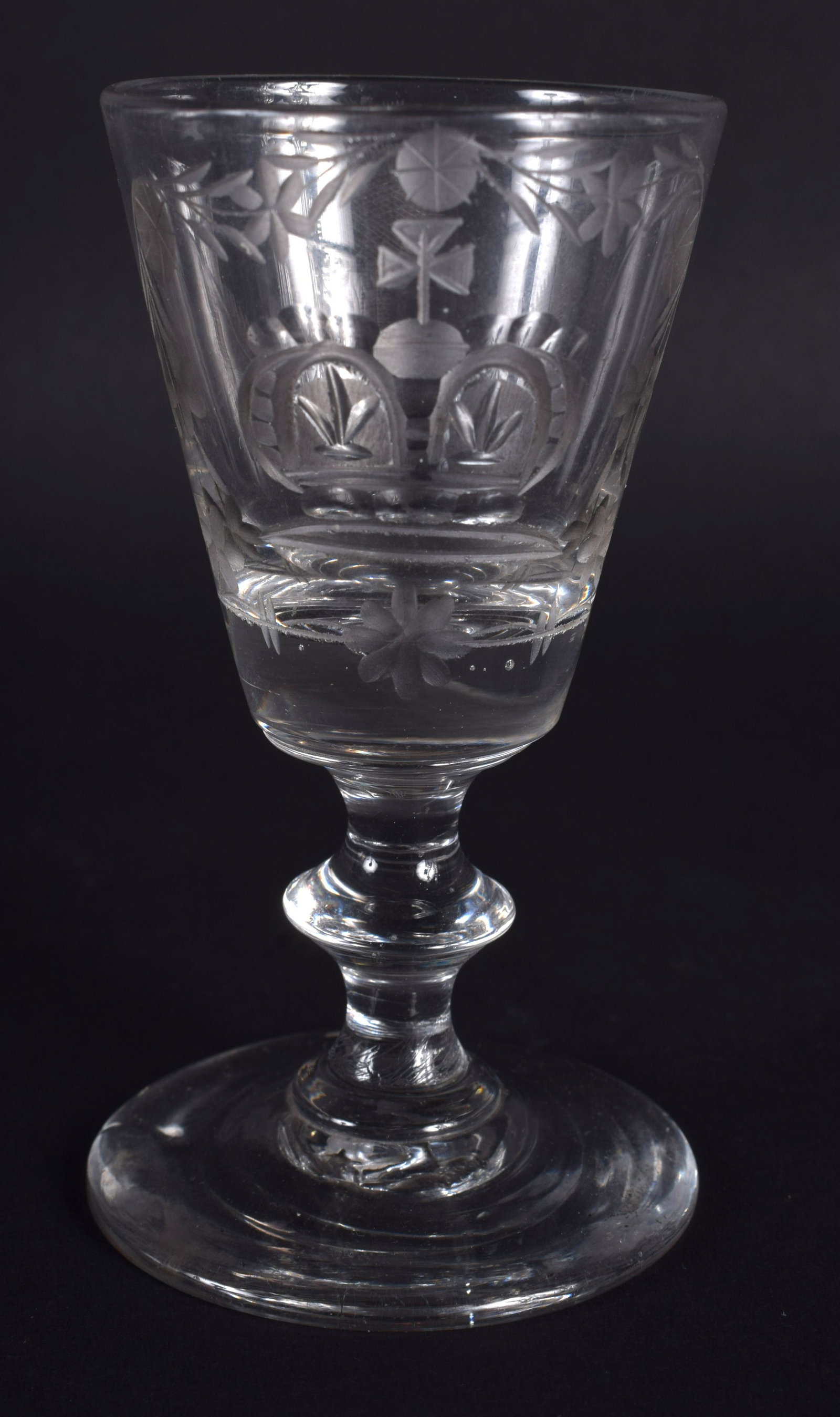A GEORGE III GLASS engraved with a crown & thistle. 9: A GEORGE III GLASS engraved with a crown & thistle. 9 cm high.