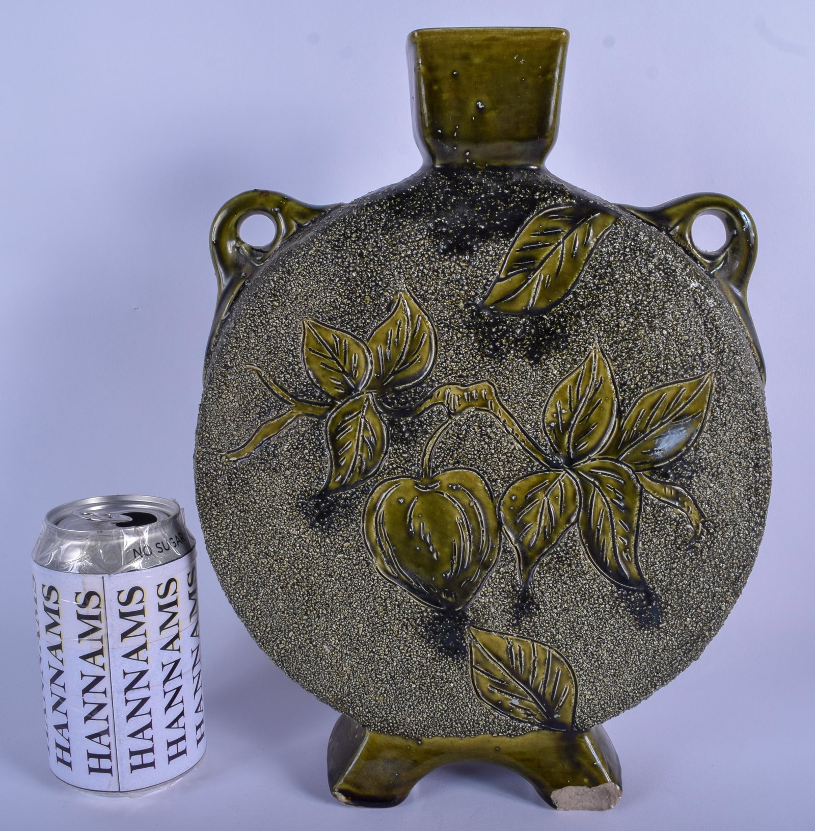 A LARGE ART NOUVEAU OLIVE GREEN TWIN HANDLED FLASK: A LARGE ART NOUVEAU OLIVE GREEN TWIN HANDLED FLASK VASE. 30 cm x 19 cm.