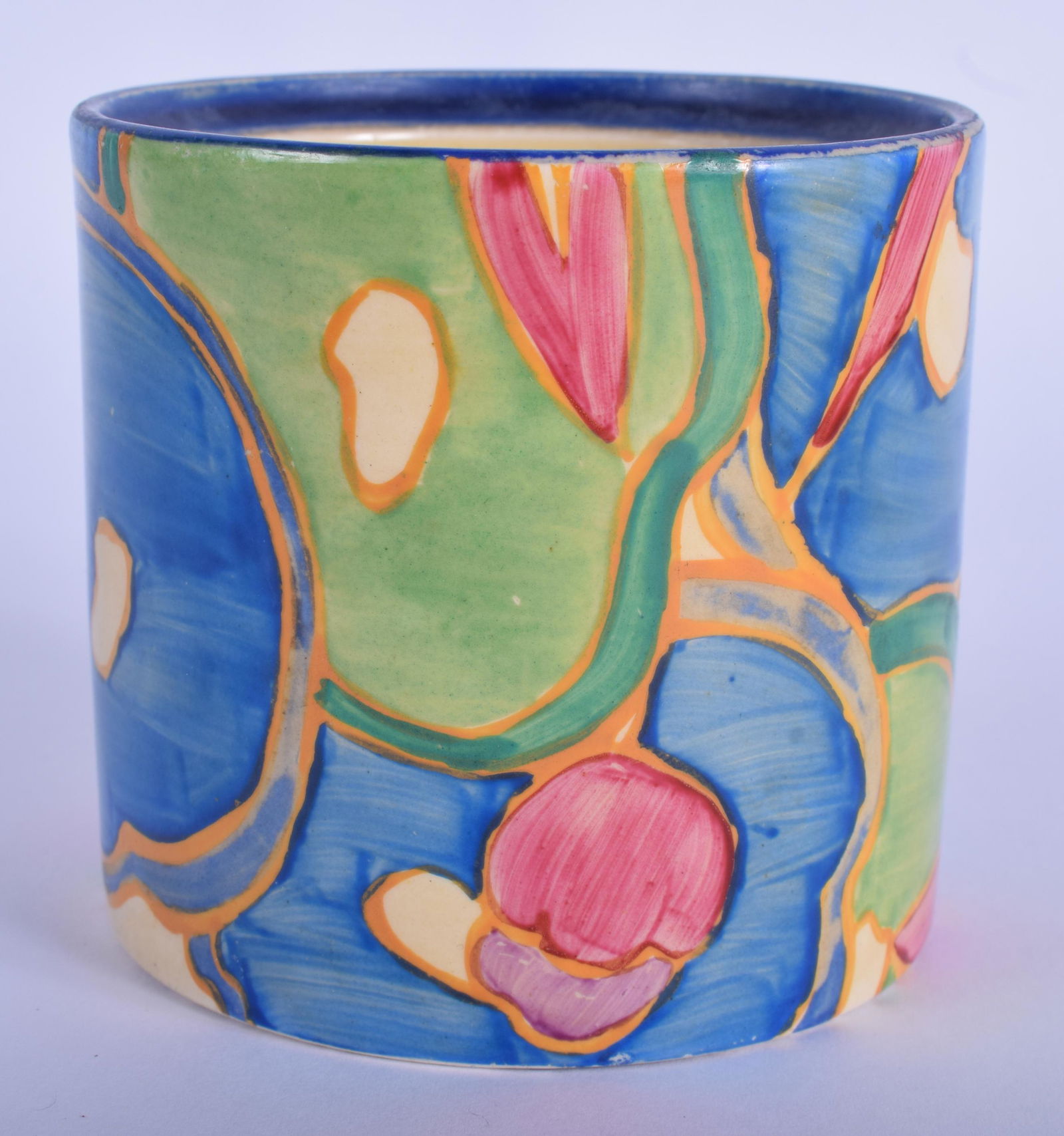 AN ART DECO CLARICE CLIFF PRESERVE JAR painted with: AN ART DECO CLARICE CLIFF PRESERVE JAR painted with stylised flowers. 7.5 cm high.