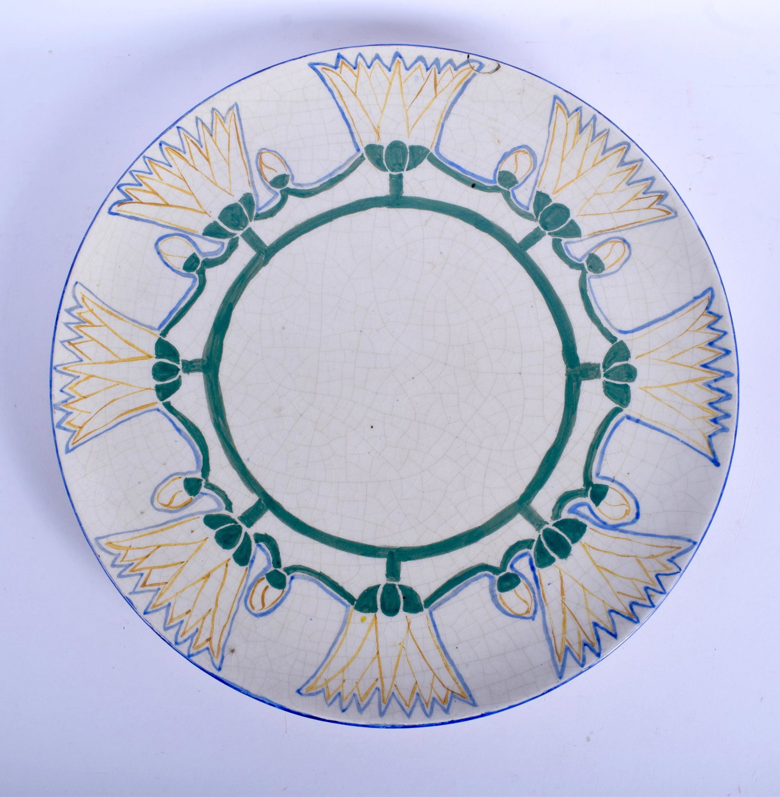 AN ART DECO FRED ROBINSON POTTERY CHARGER painted with: AN ART DECO FRED ROBINSON POTTERY CHARGER painted with flowers. 32 cm diameter.