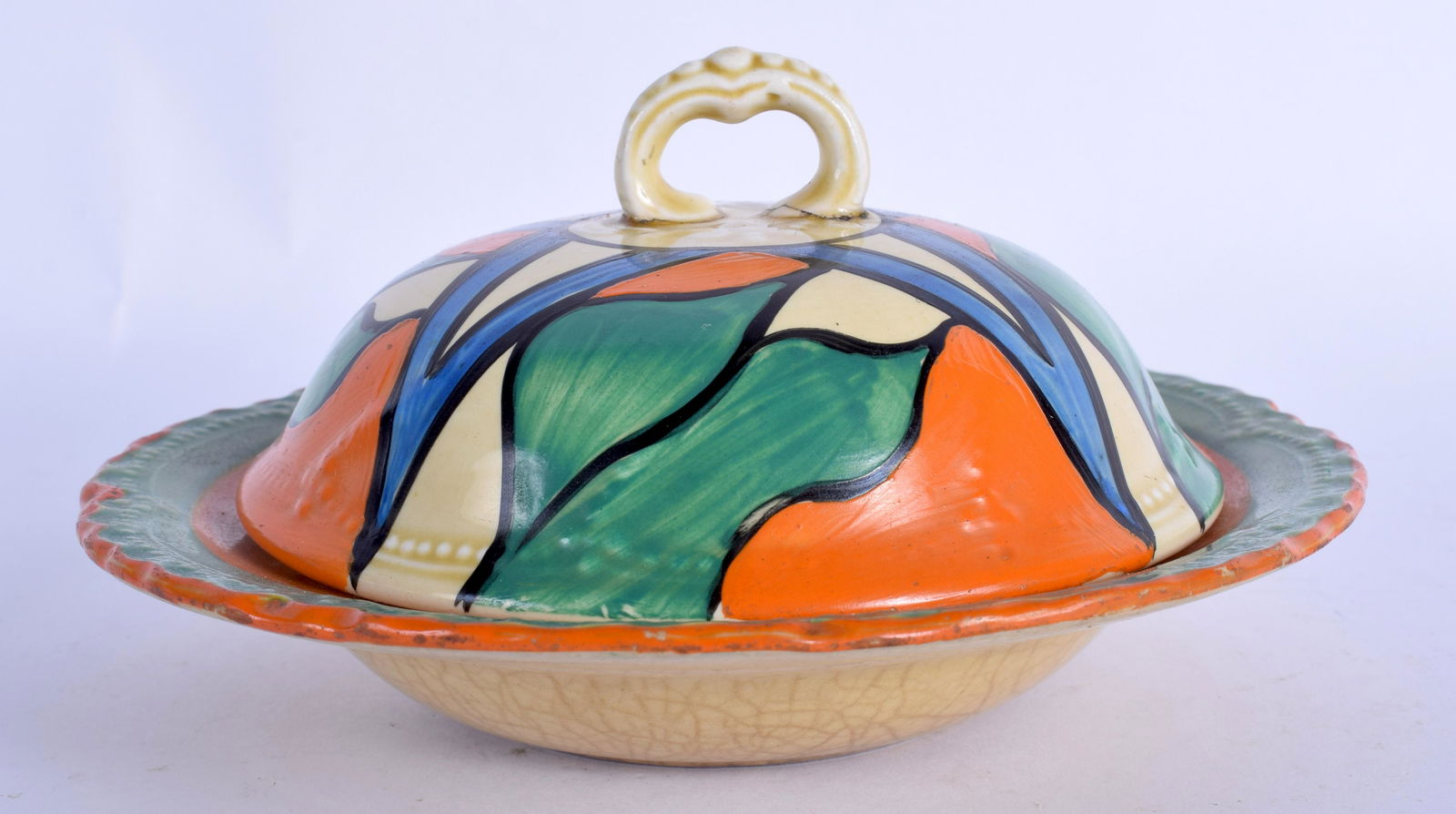 AN ART DECO CLARICE CLIFF BIZARRE CIRCULAR DISH AND: AN ART DECO CLARICE CLIFF BIZARRE CIRCULAR DISH AND COVER painted with bright enamels. 13.5 cm wide.