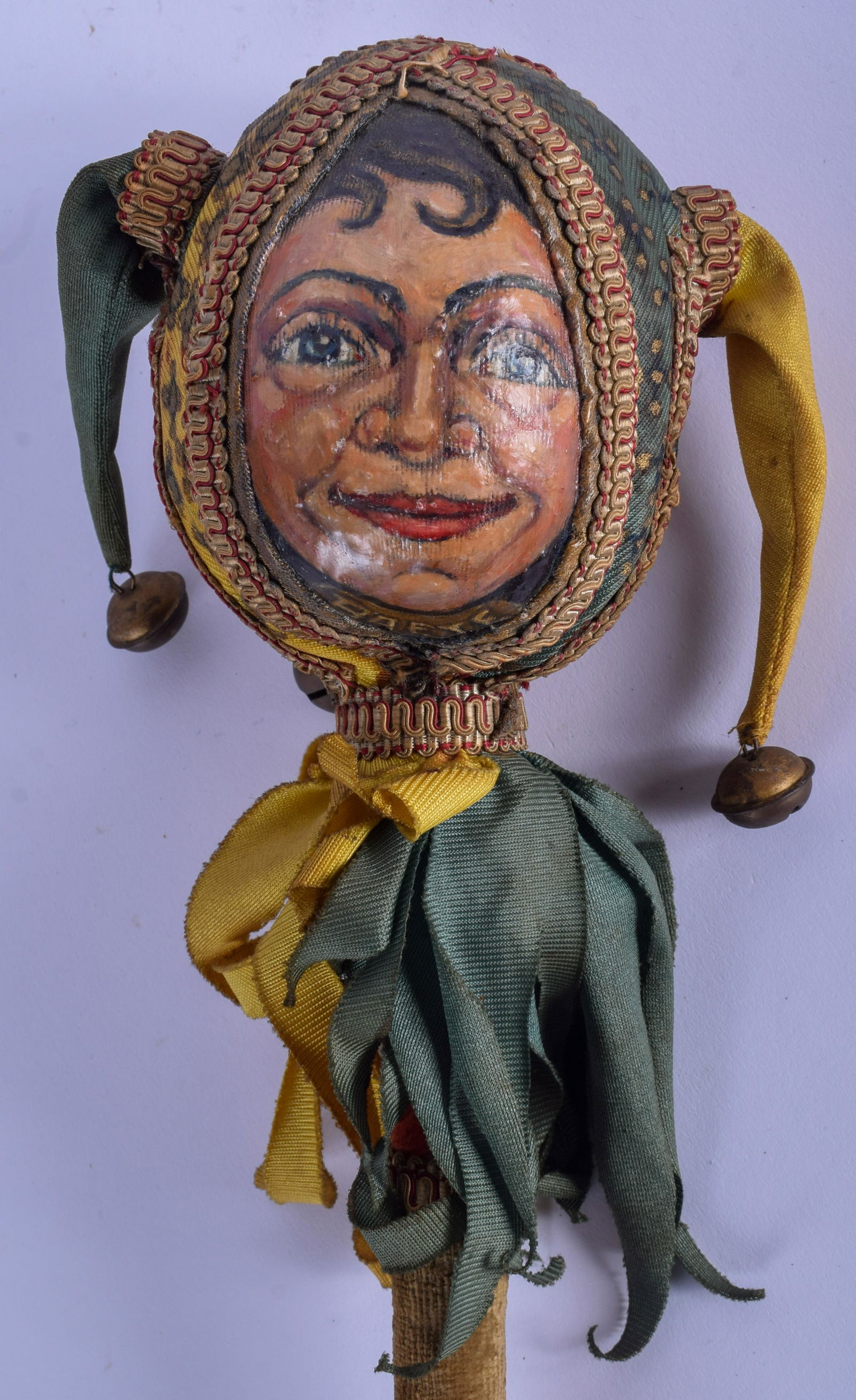 AN UNUSUAL VICTORIAN PUNCH VELVET PUNCH RATTLE. 65 cm: AN UNUSUAL VICTORIAN PUNCH VELVET PUNCH RATTLE. 65 cm long.