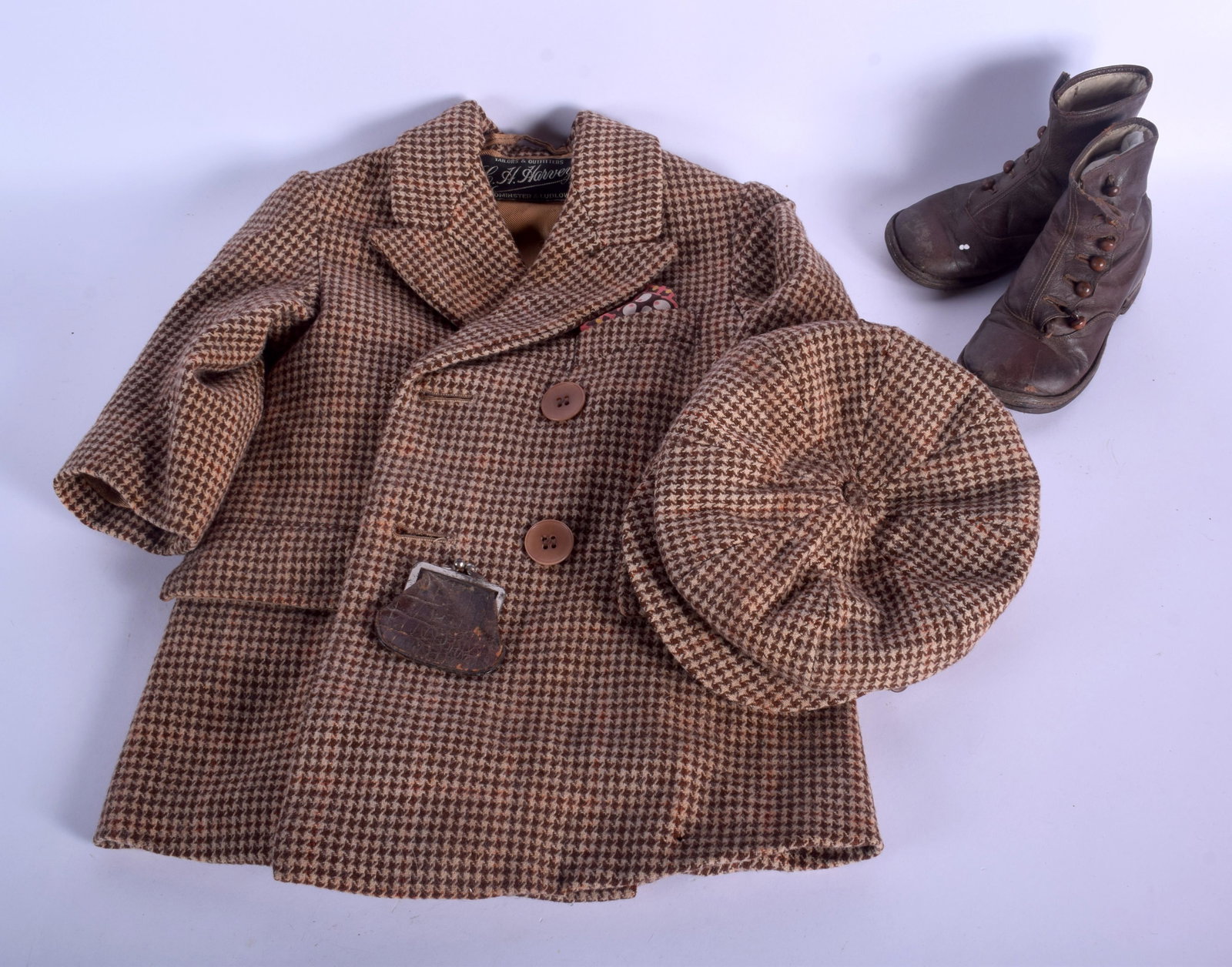 AN EDWARDIAN CHILDS TWEED JACKET with shoes, hat and: AN EDWARDIAN CHILDS TWEED JACKET with shoes, hat and purse. (qty)