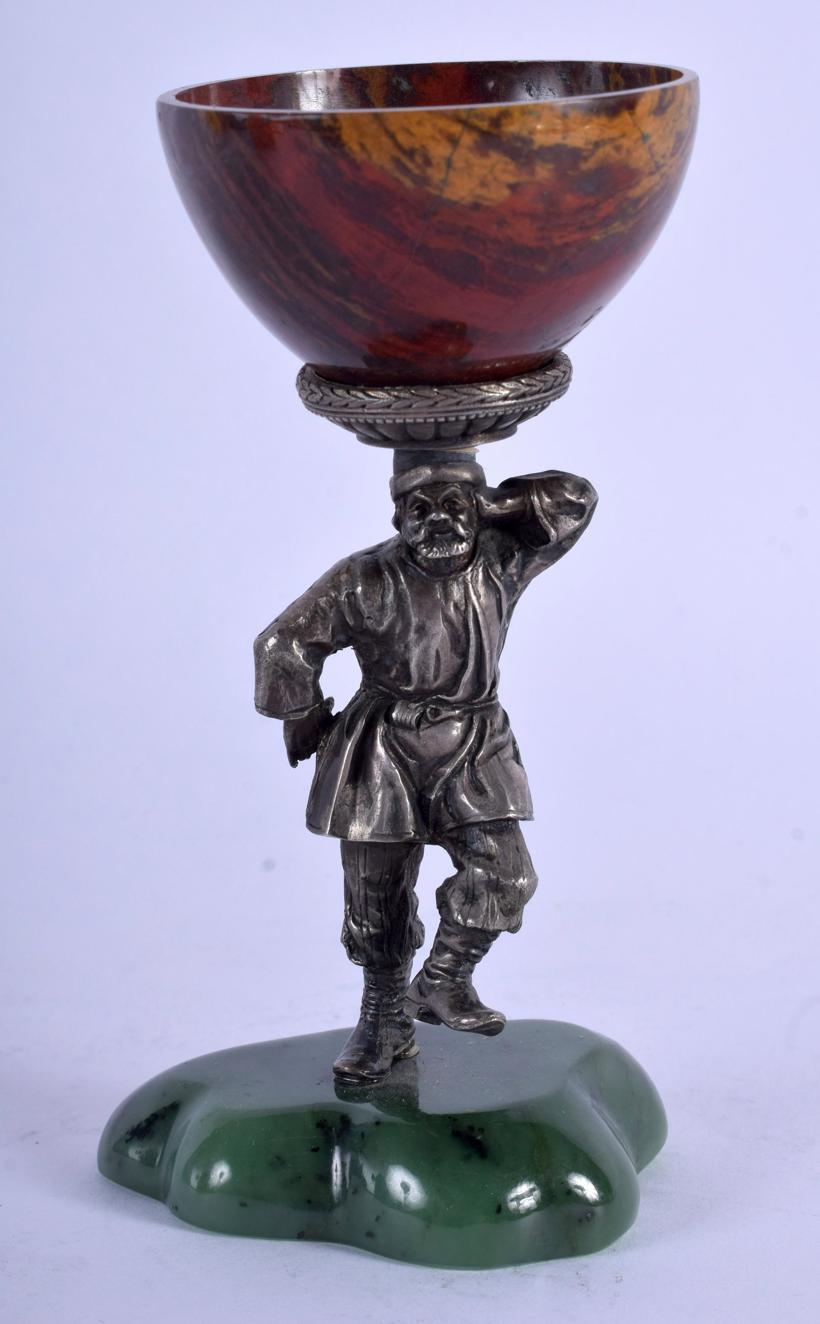 AN UNUSUAL CONTINENTAL JADE BLOODSTONE AGATE AND SILVER: AN UNUSUAL CONTINENTAL JADE BLOODSTONE AGATE AND SILVER FIGURE. 12.5 cm high.
