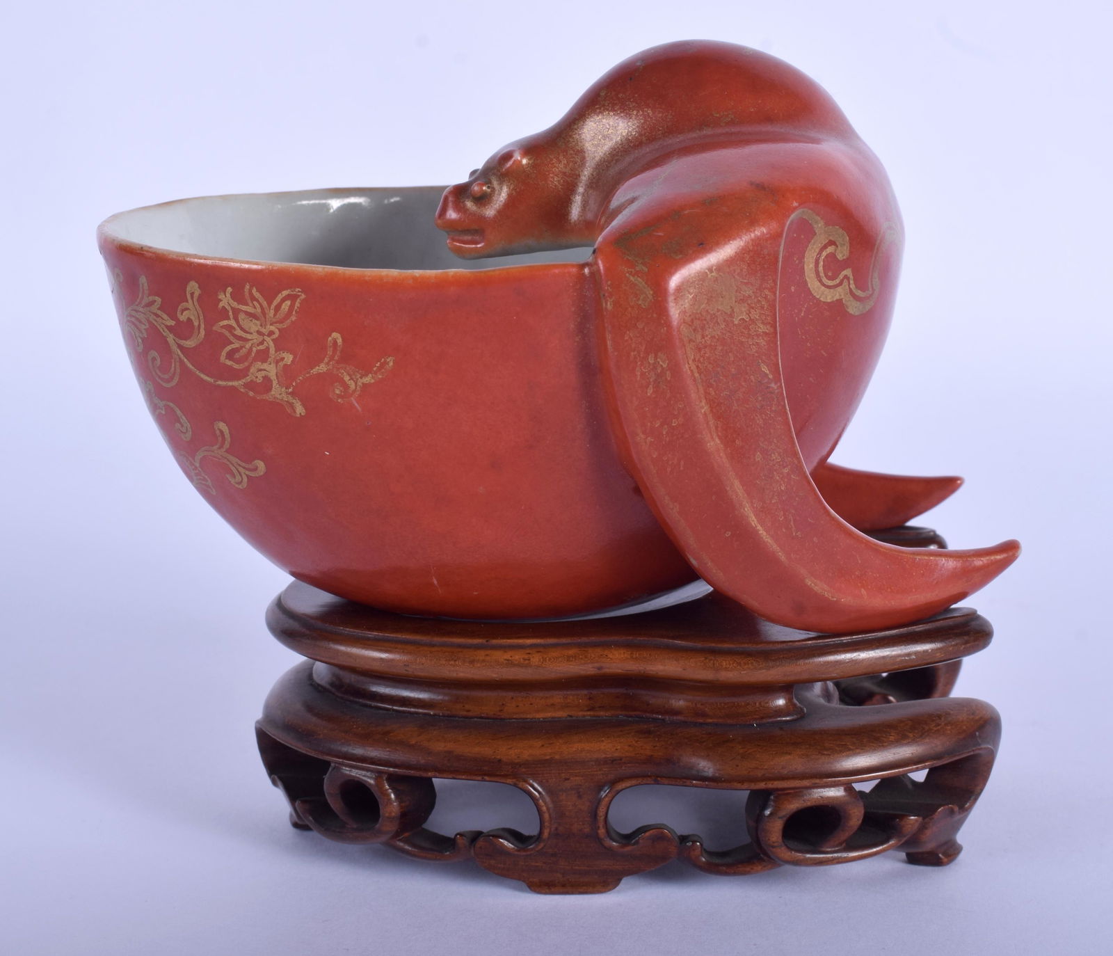 A VERY RARE EARLY 19TH CENTURY CHINESE CORAL PORCELAIN: A VERY RARE EARLY 19TH CENTURY CHINESE CORAL PORCELAIN BRUSH WASHER Jiaqing, moulded with a bat. 12 cm x 6 cm. Note: See a pair of similar brush washer Sold Lot 111 Rob Michiels Auction, Belgium, prev