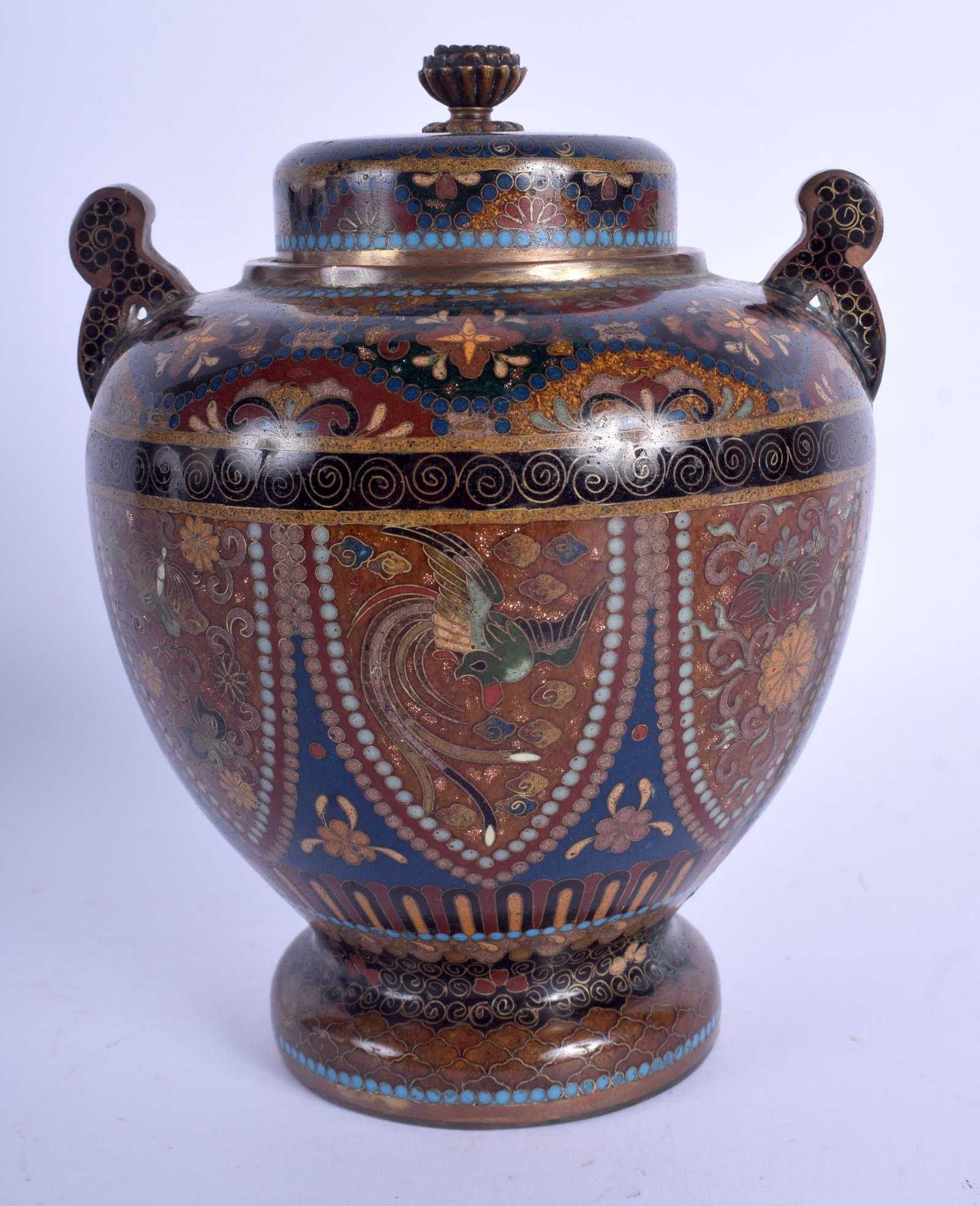 A LATE 19TH CENTURY JAPANESE MEIJI PERIOD CLOISONNE: A LATE 19TH CENTURY JAPANESE MEIJI PERIOD CLOISONNE ENAMEL CENSER & COVER decorated with foliage. 15 cm x 10 cm.