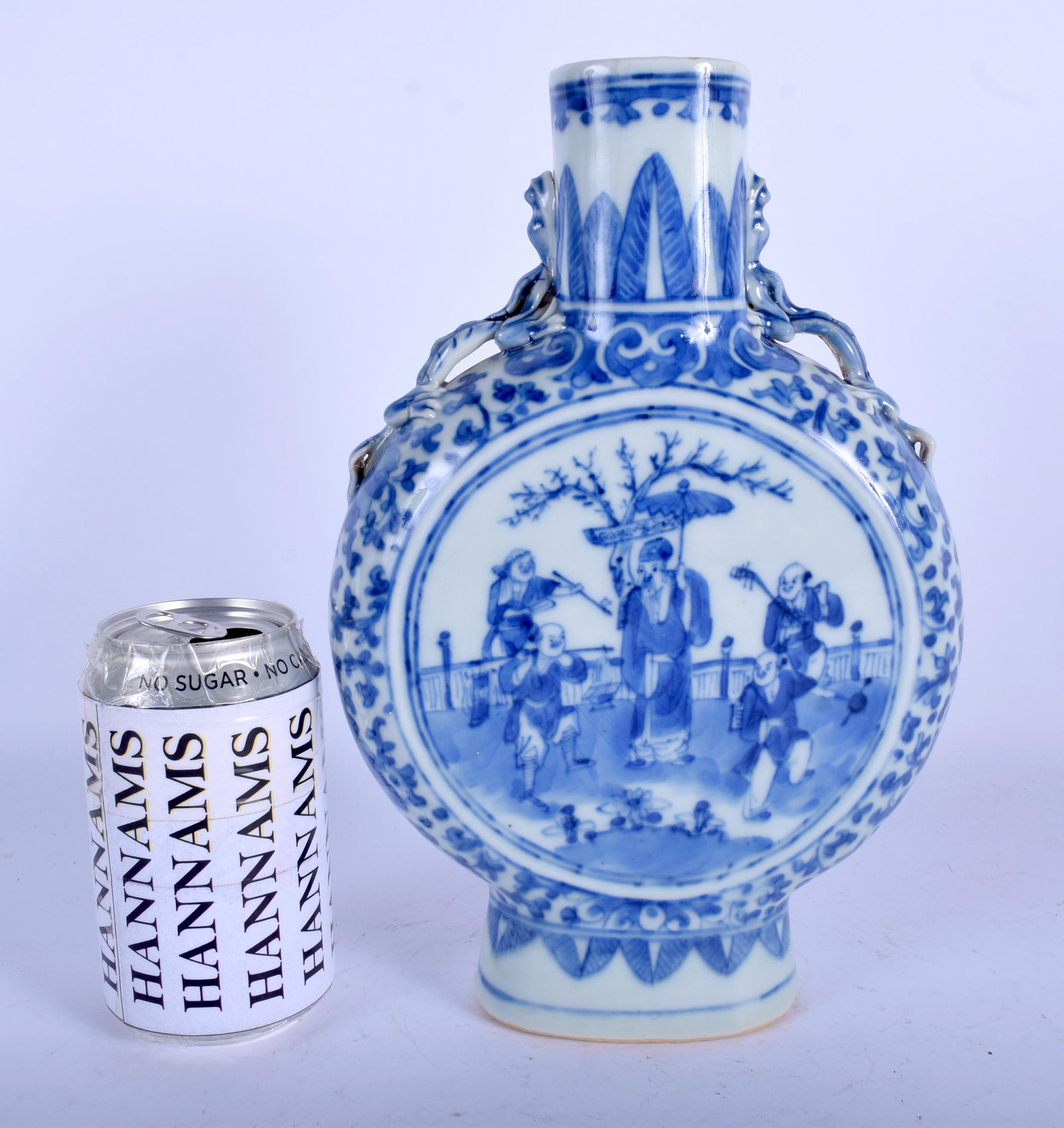 A 19TH CENTURY CHINESE BLUE AND WHITE MOON FLASK Qing.: A 19TH CENTURY CHINESE BLUE AND WHITE MOON FLASK Qing. 27 cm x 14 cm.