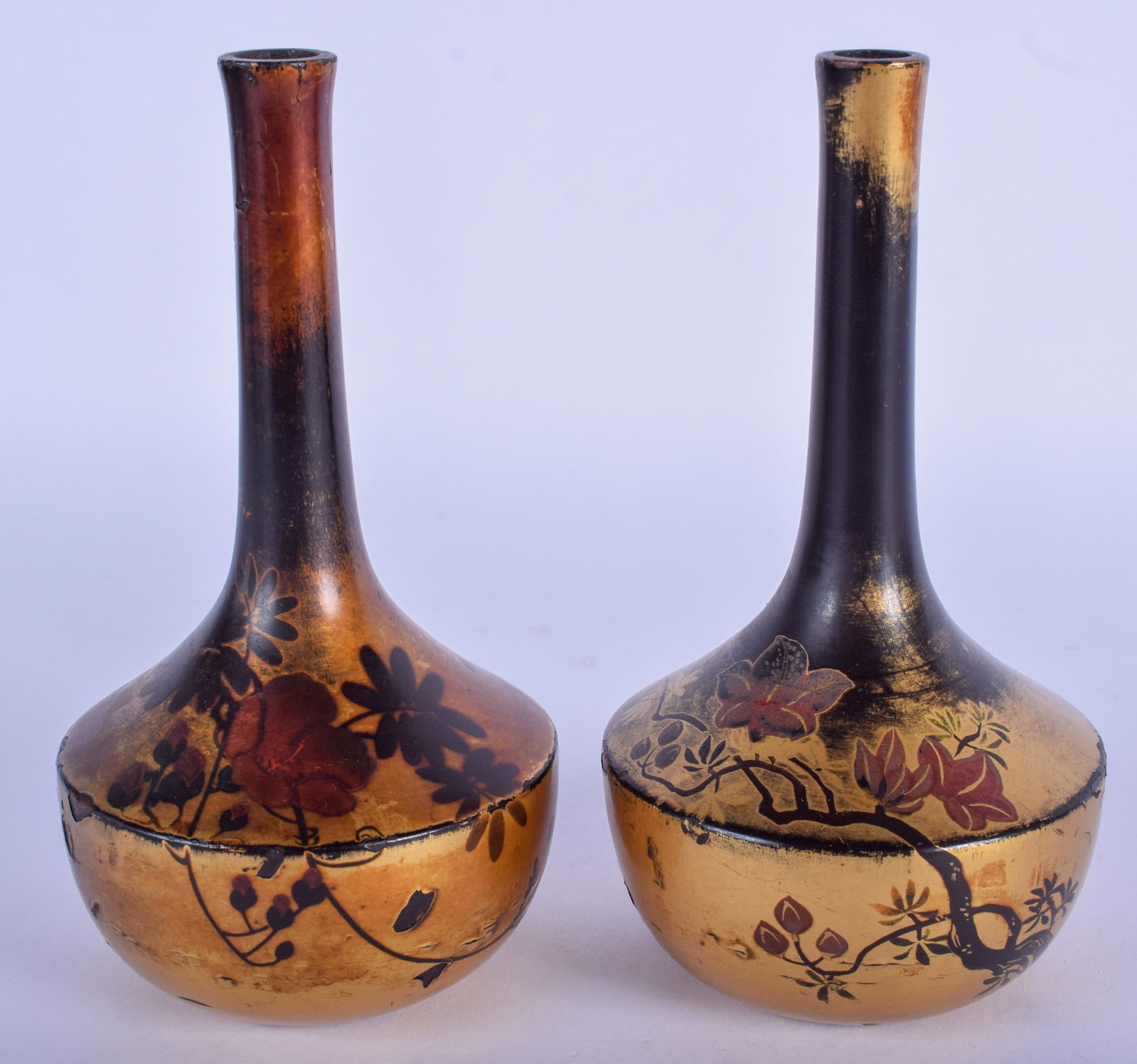 A PAIR OF EARLY 20TH CENTURY JAPANESE MEIJI PERIOD: A PAIR OF EARLY 20TH CENTURY JAPANESE MEIJI PERIOD BLACK LACQUER VASES highlighted in gilt. 11.5 cm high.