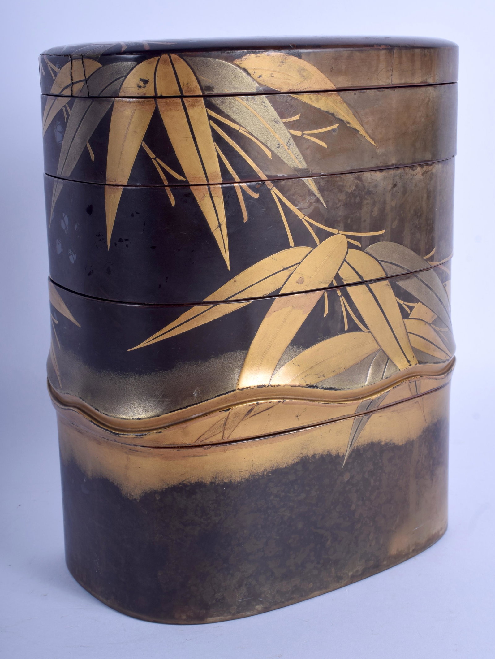 AN UNUSUAL 19TH CENTURY JAPANESE MEIJI PERIOD FIVE TIER: AN UNUSUAL 19TH CENTURY JAPANESE MEIJI PERIOD FIVE TIER LACQUER BOX decorated with bamboo. 21 cm x 14 cm.