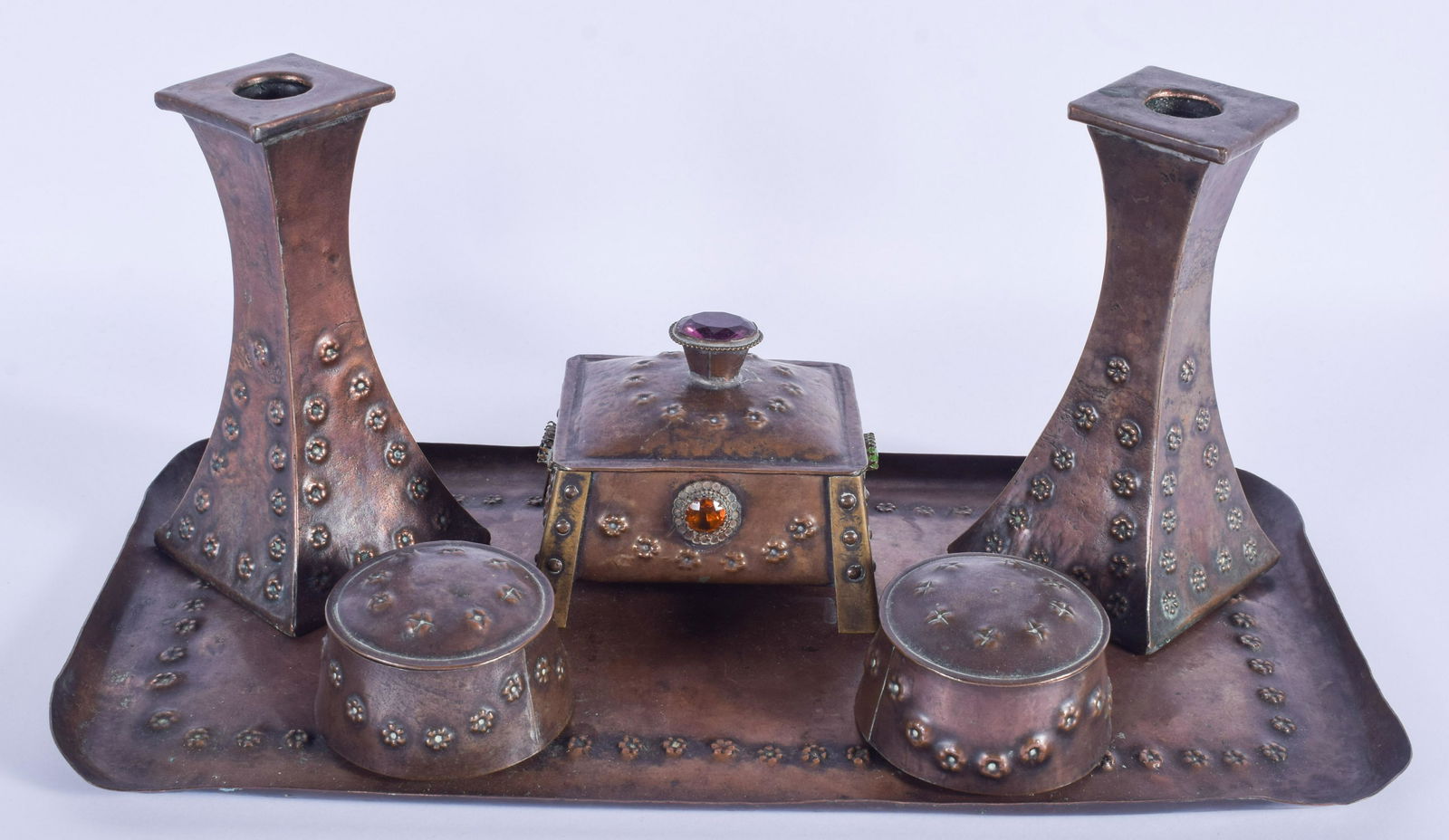 AN ARTS AND CRAFTS COPPER SEMI PRECIOUS GEM SET (1 of 2)