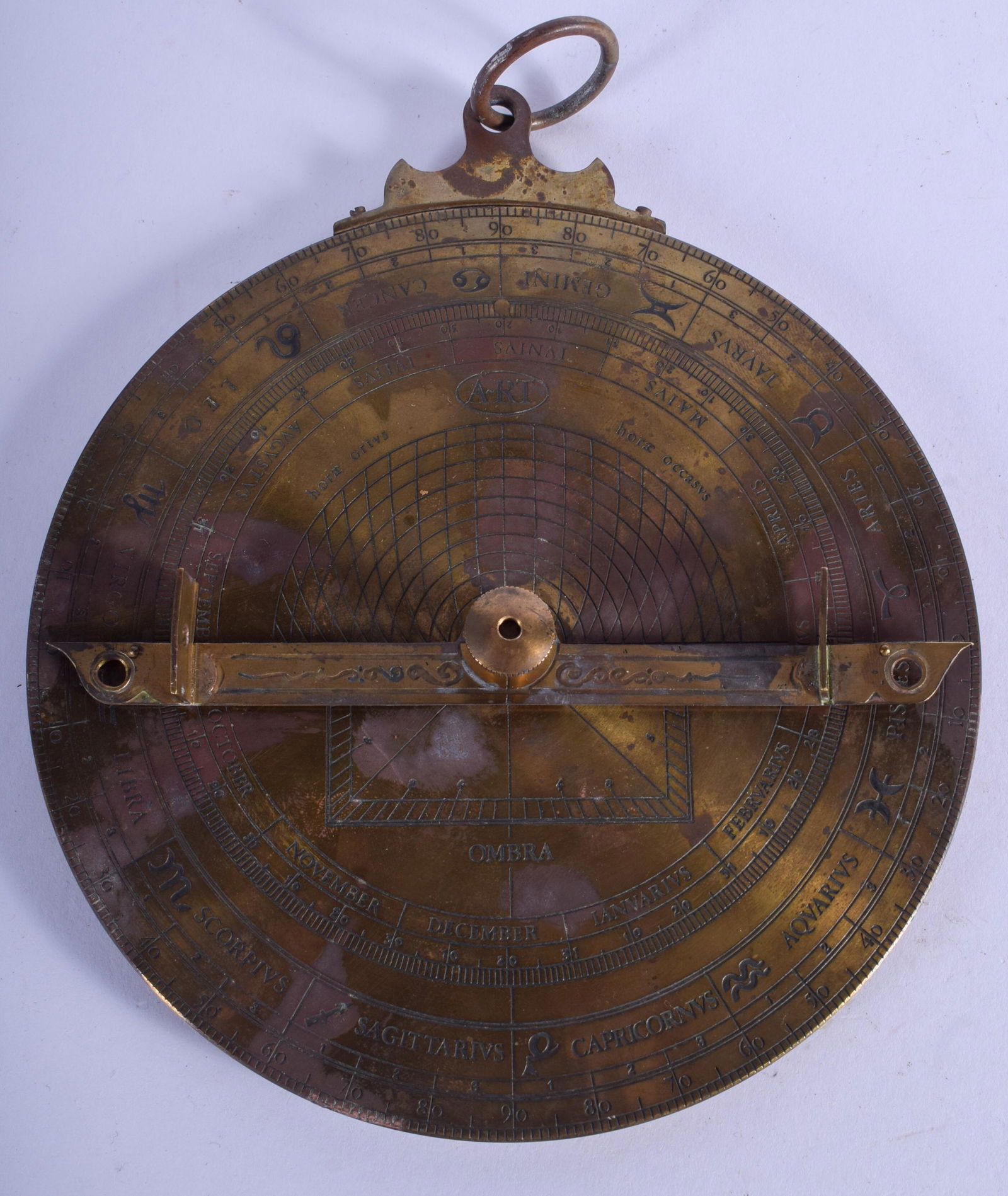 A CONTINENTAL BRASS ASTROLABE. 14.5 cm wide. (1 of 2)