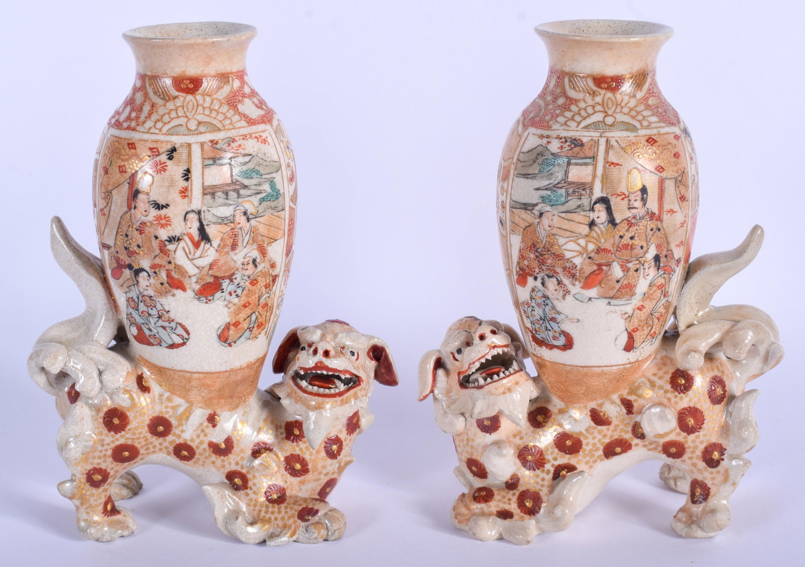 A PAIR OF 19TH CENTURY JAPANESE MEIJI PERIOD SATSUMA: A PAIR OF 19TH CENTURY JAPANESE MEIJI PERIOD SATSUMA VASES formed with buddhistic lions. 15 cm x 7 cm.