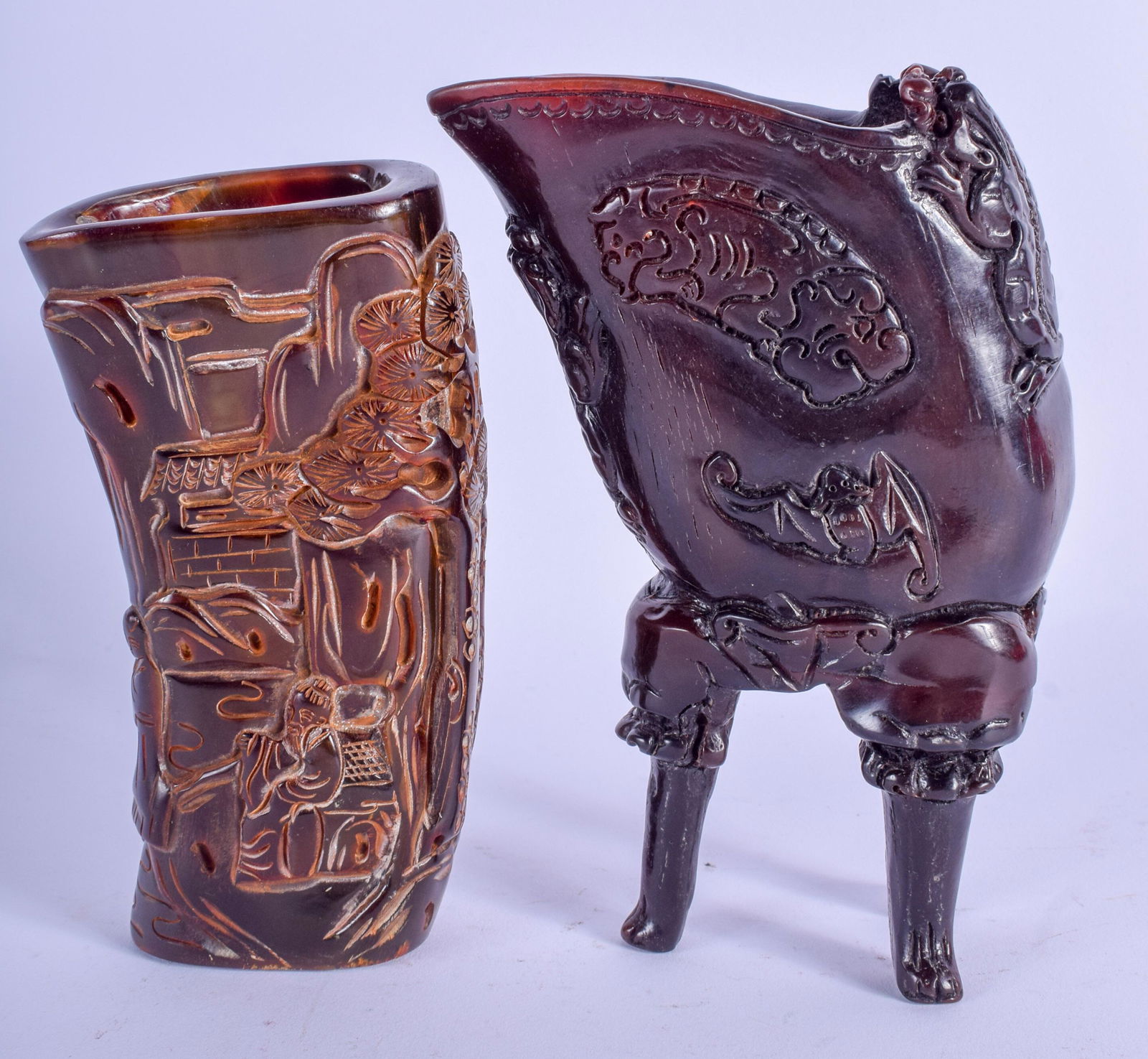 TWO CHINESE BUFFALO HORN LIBATION CUPS. 14 cm high. (2) (1 of 3)