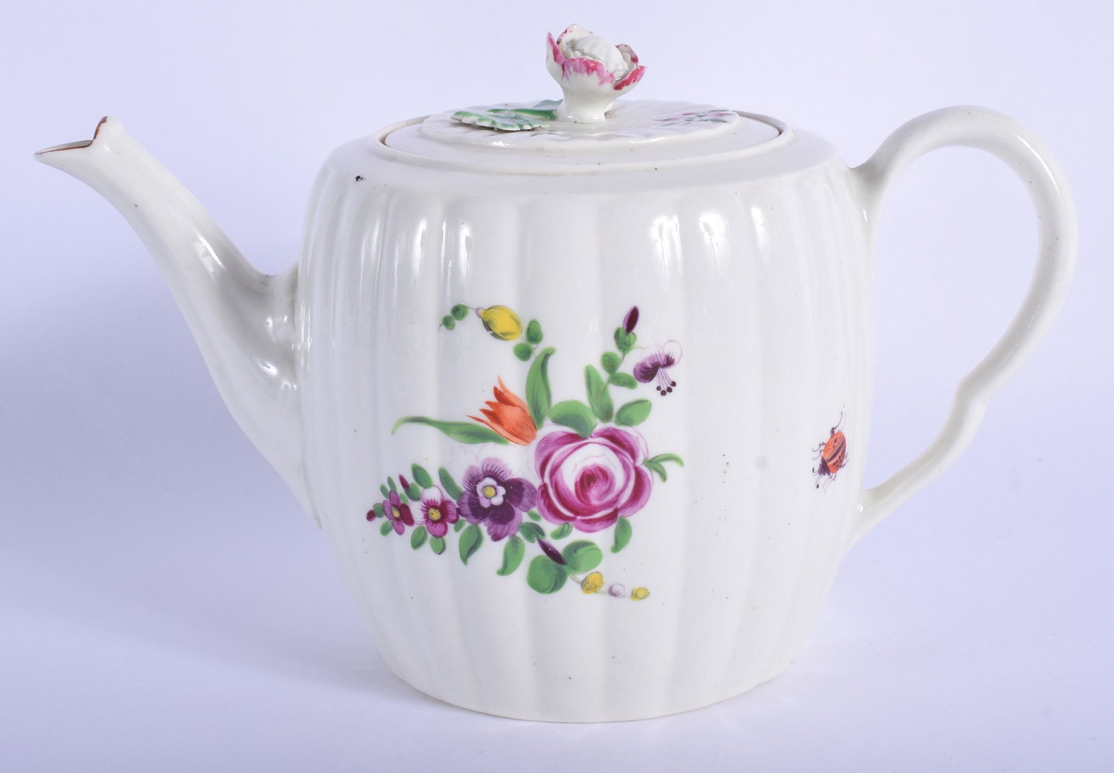 18th c. Worcester fine teapot and cover painted with: 18th c. Worcester fine teapot and cover painted with two large sprays of flowers and a lady bird. 19.5 cm wide