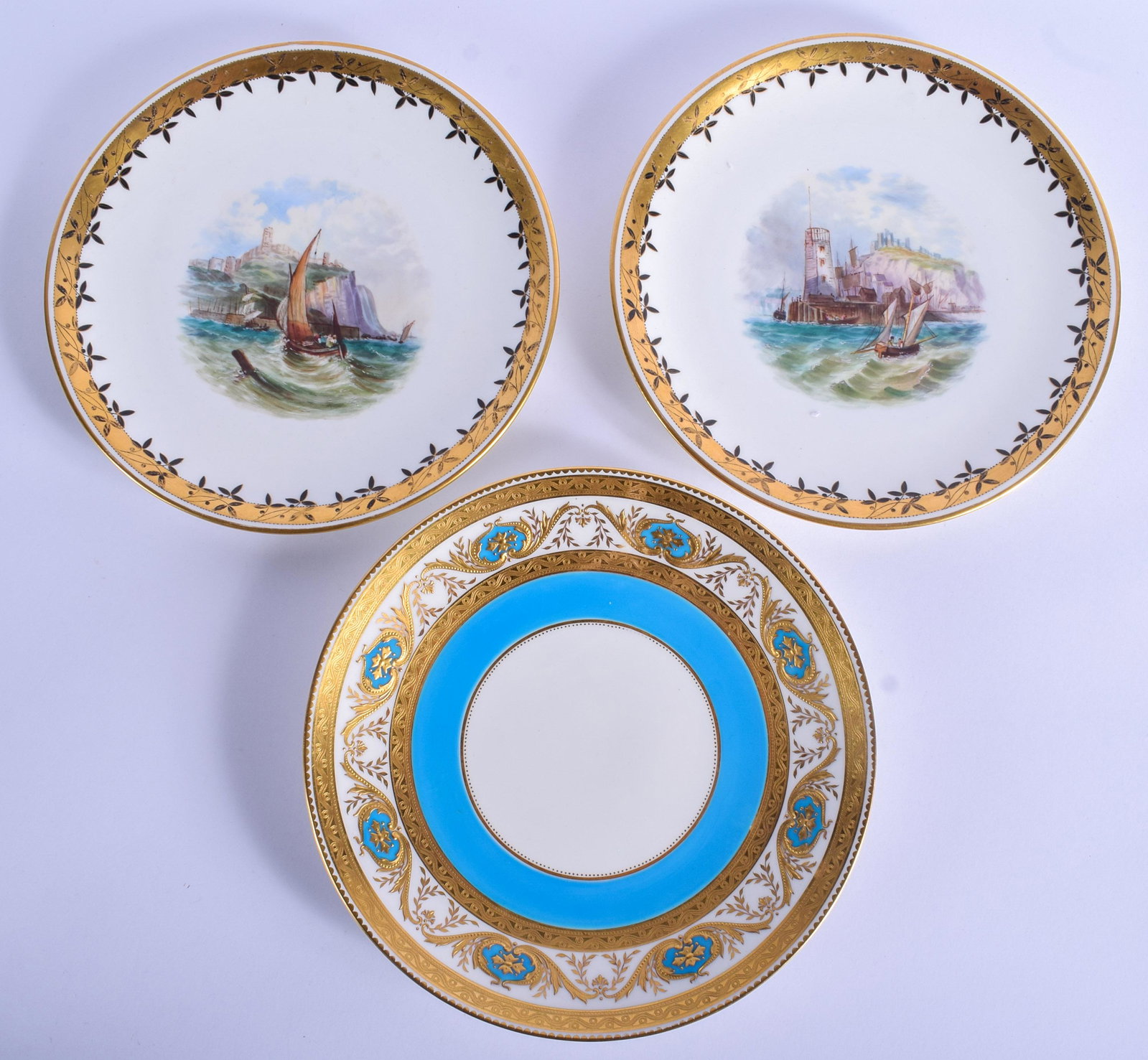 Late 19th/Early 20th c. Minton plate decorated with: Late 19th/Early 20th c. Minton plate decorated with turquoise enamel and acid etched & raised gilding, globe mark and a pair of late 19th c. Minton plates painted with sailing scenes, impress Mintons.