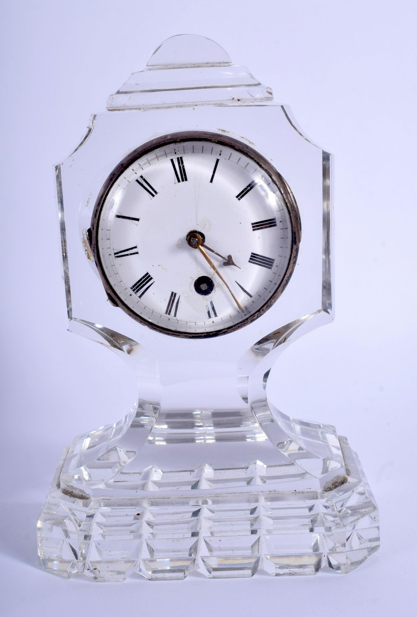 A REGENCY CUT CRYSTAL GLASS CLOCK. 13 cm x 7 cm. (1 of 2)