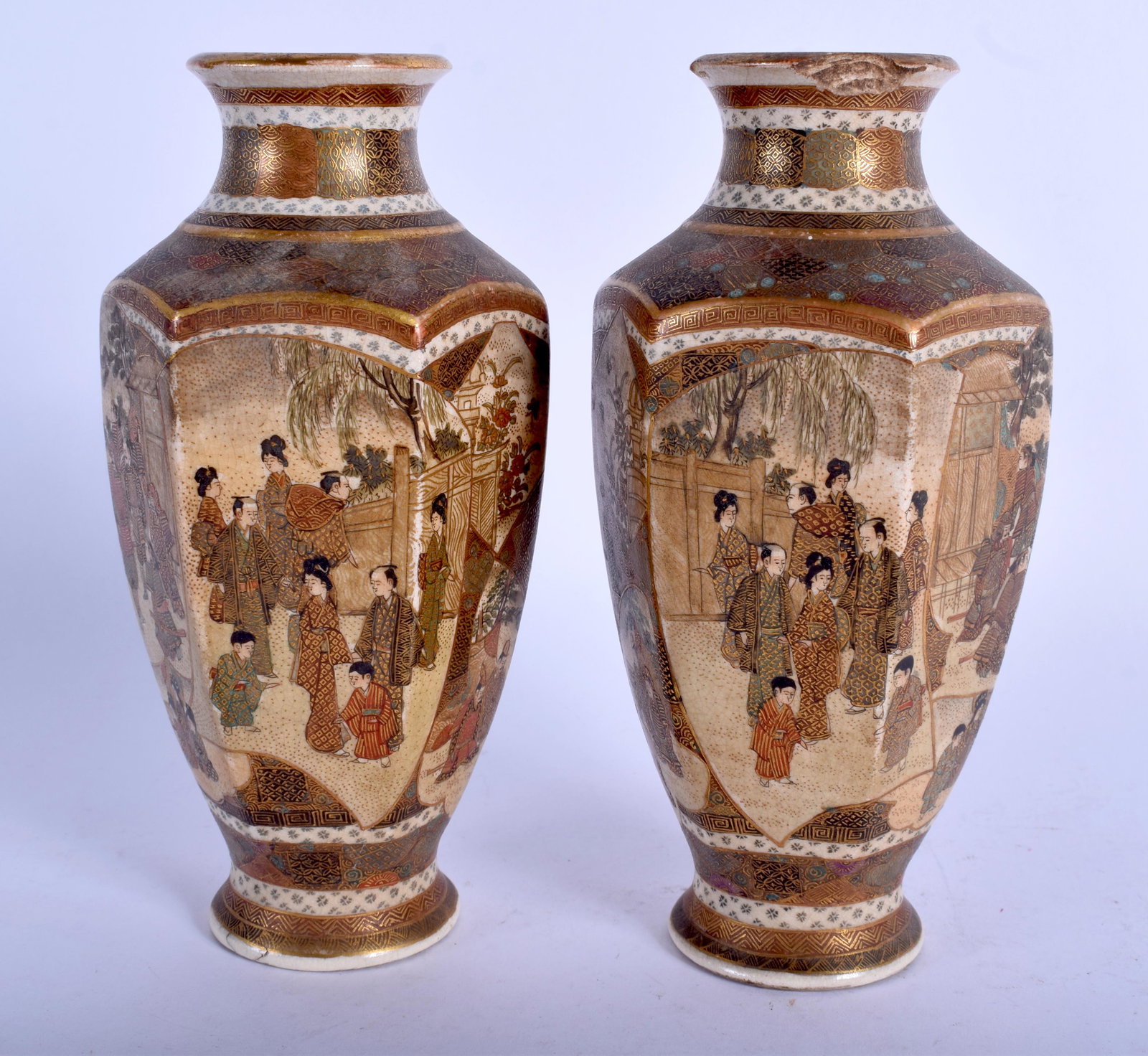 A PAIR OF 19TH CENTURY JAPANESE MEIJI PERIOD SATSUMA: A PAIR OF 19TH CENTURY JAPANESE MEIJI PERIOD SATSUMA VASES painted with figures. 16 cm high.