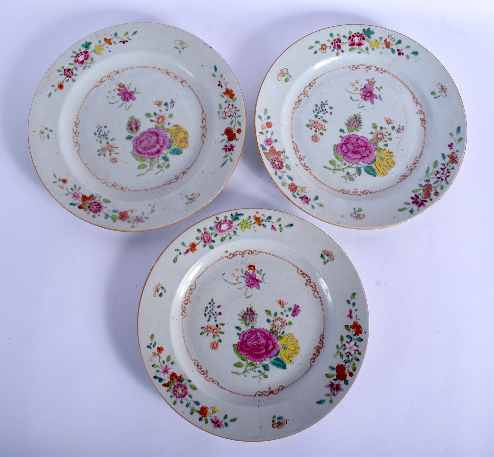 A SET OF THREE 18TH CENTURY CHINESE FAMILLE ROSE PLATES (1 of 2)