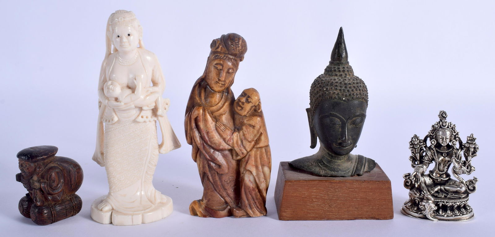 A 19TH CENTURY THAI BRONZE BUDDHA HEAD together with a: A 19TH CENTURY THAI BRONZE BUDDHA HEAD together with a Burmese antique I buddha etc. (5)